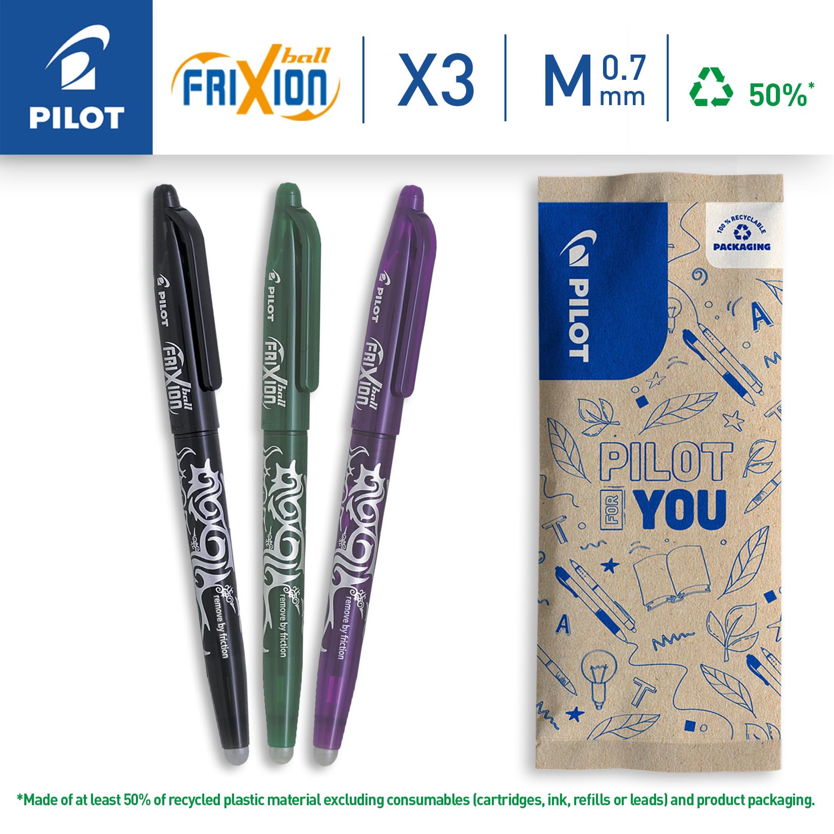 PILOT FriXion Ball Erasable Rollerball Pen - Medium 0.7mm Tip | Black, Green, Violet Ink | Pack of 1
