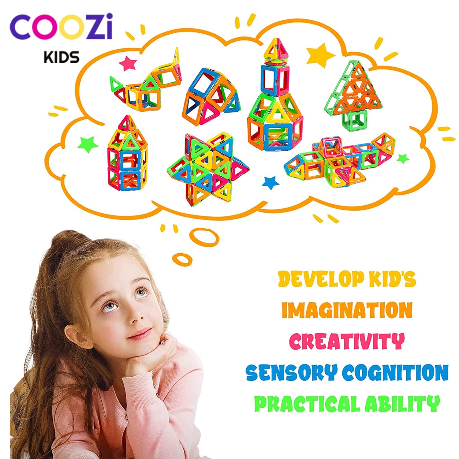 COOZI Magnetic Tiles for Kids - 40pc STEM Magnetic Building Blocks Set for Ages 3+ 5