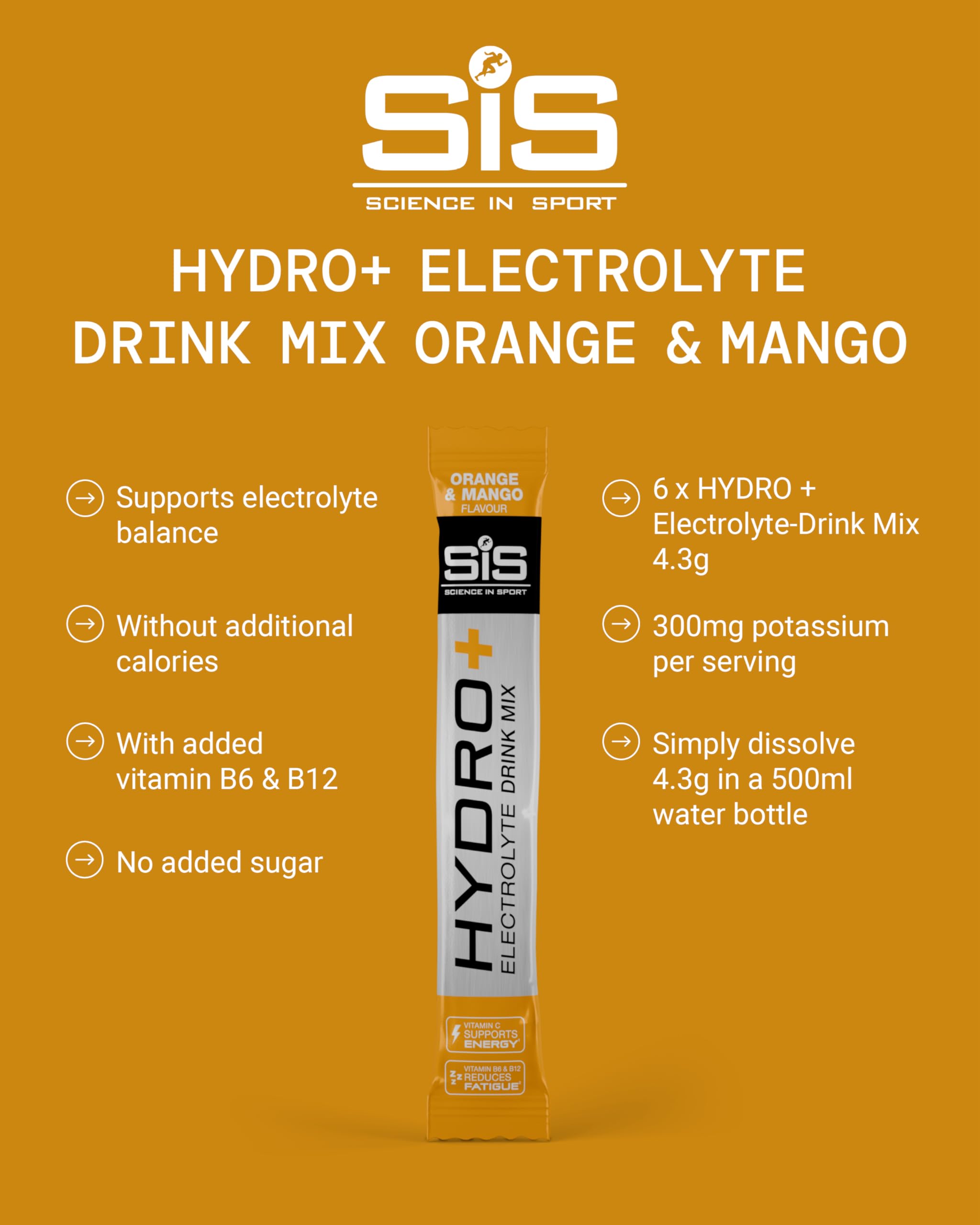Science in Sport Hydro+ Electrolytes Powder Sachets - 5 Essential Electrolytes | Orange Mango | 6 Servings