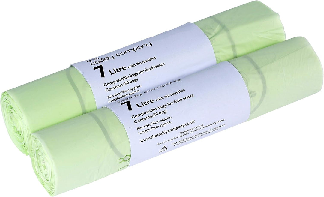 The Caddy Company 7 Litre Tie Handle Compostable Kitchen Caddy Liners, 100 Bags