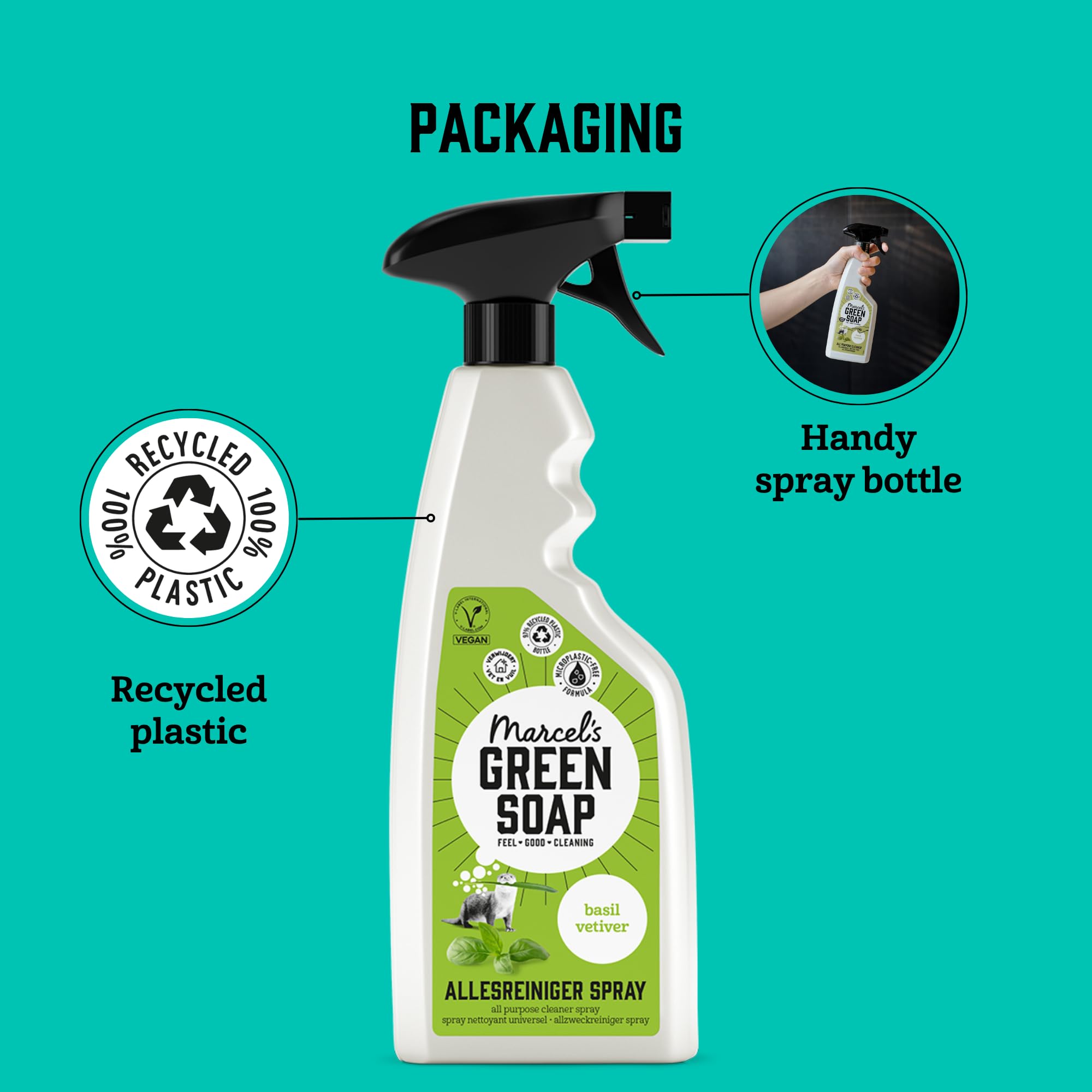 Marcel's Green Soap All-Purpose Cleaner Spray - Basil & Vetiver Scent | 500 ml | Microplastic-Free Formula
