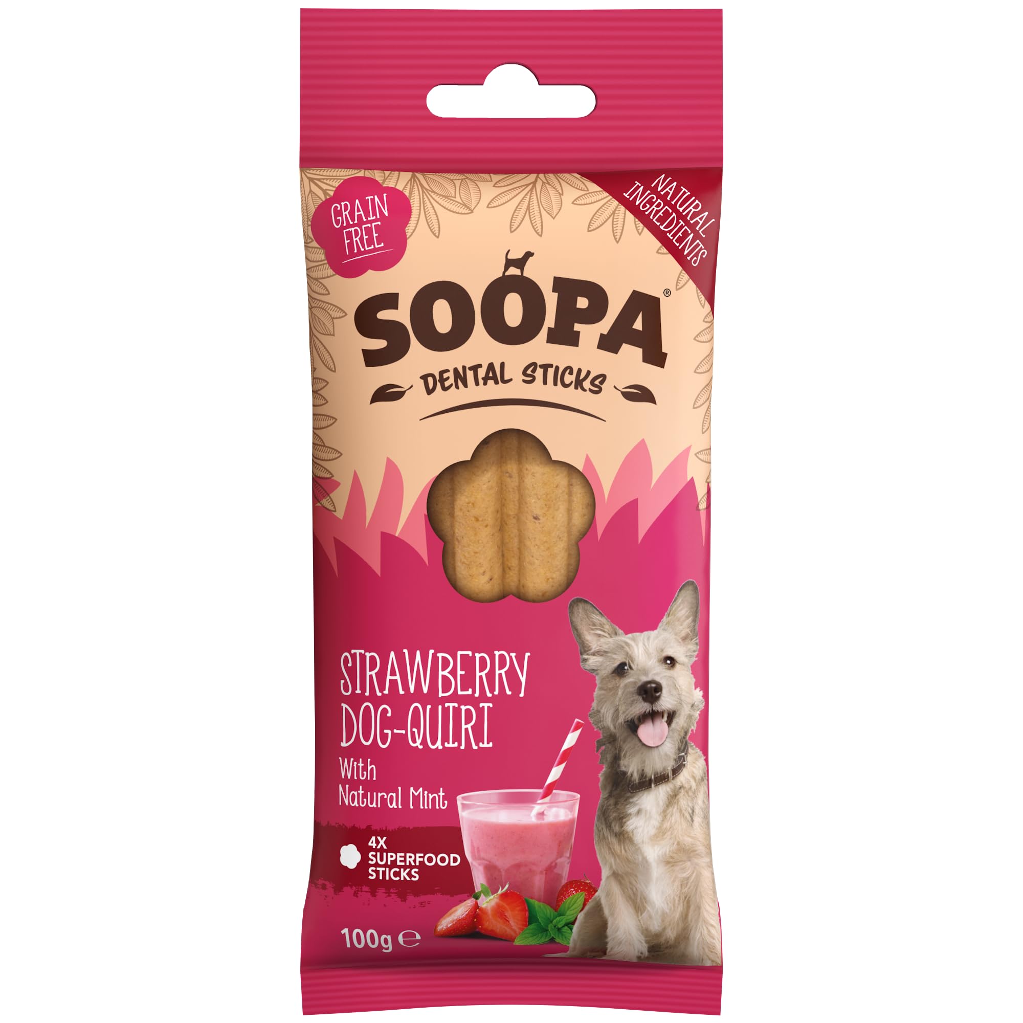 Soopa Strawberry Dog-Quiri Dental Sticks - 100g | Hypoallergenic | Adult Dogs