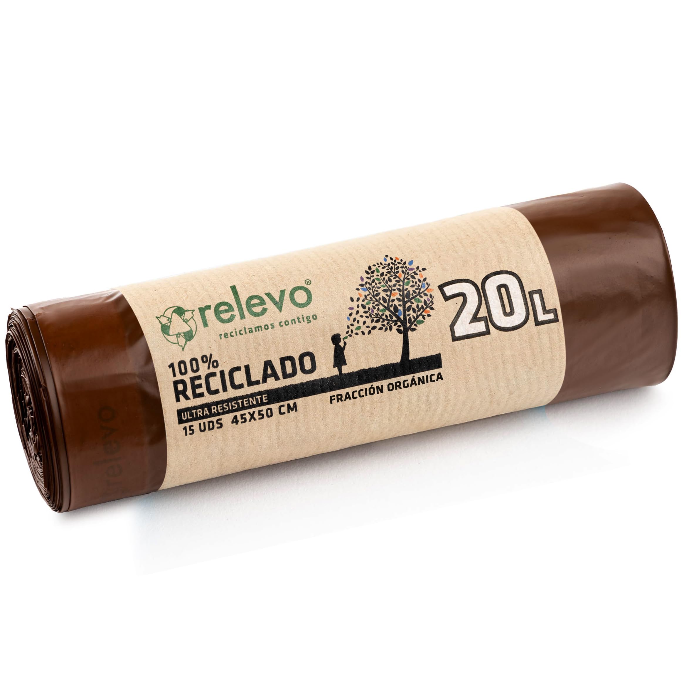 Relevo 100% Recycled Bin Liners - 20L Capacity, Brown, 15 Bags | Drawstring Closure