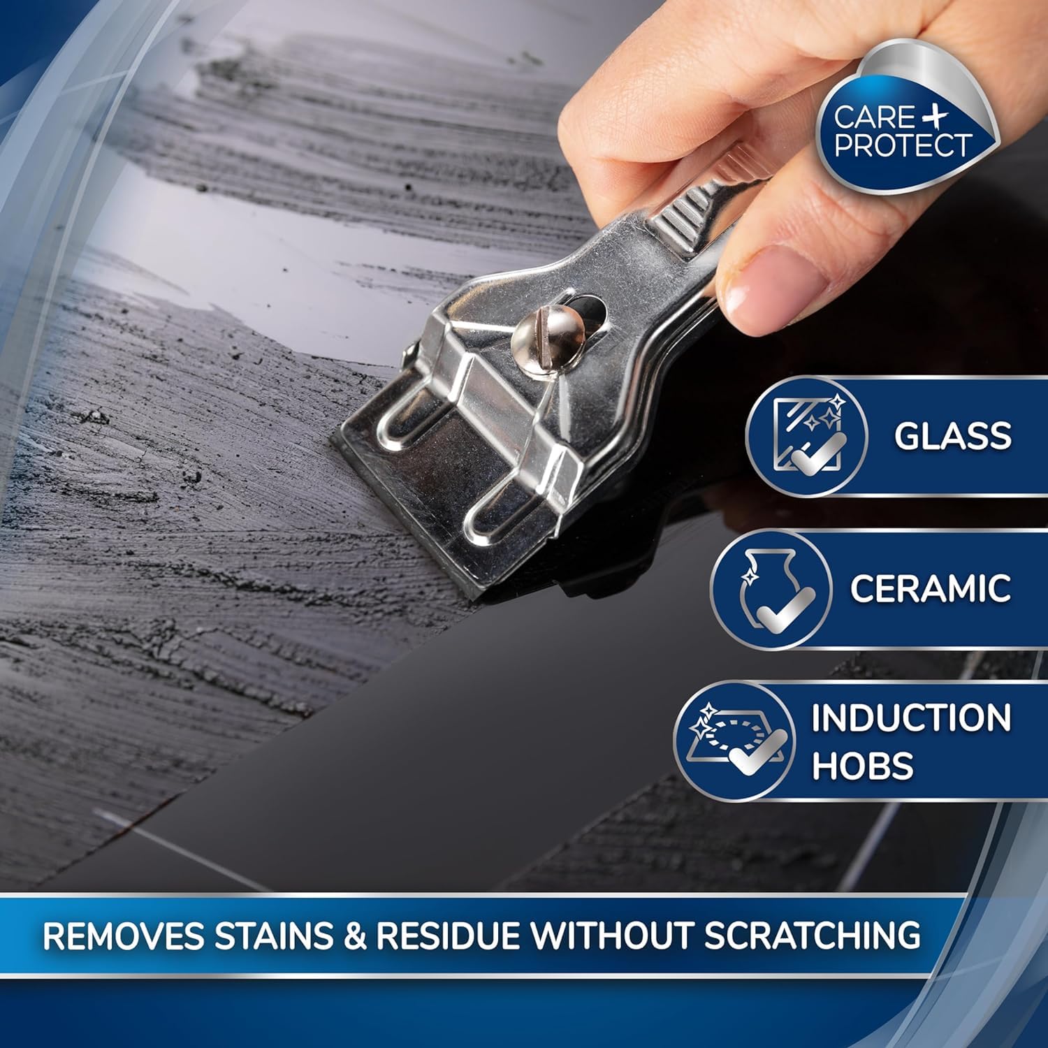 CARE + PROTECT Kitchen Cleaning Scraper for Glass & Ceramic Hobs | Stainless Steel | Silver
