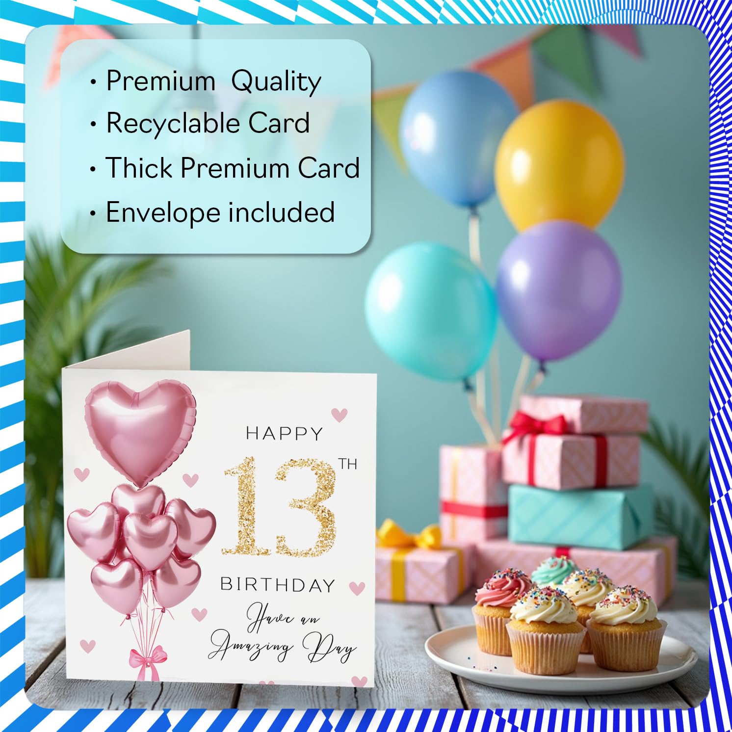 Stuff4 13th Birthday Card for Girls - Pink Glitter Balloons | 145mm Square Greeting Card 3