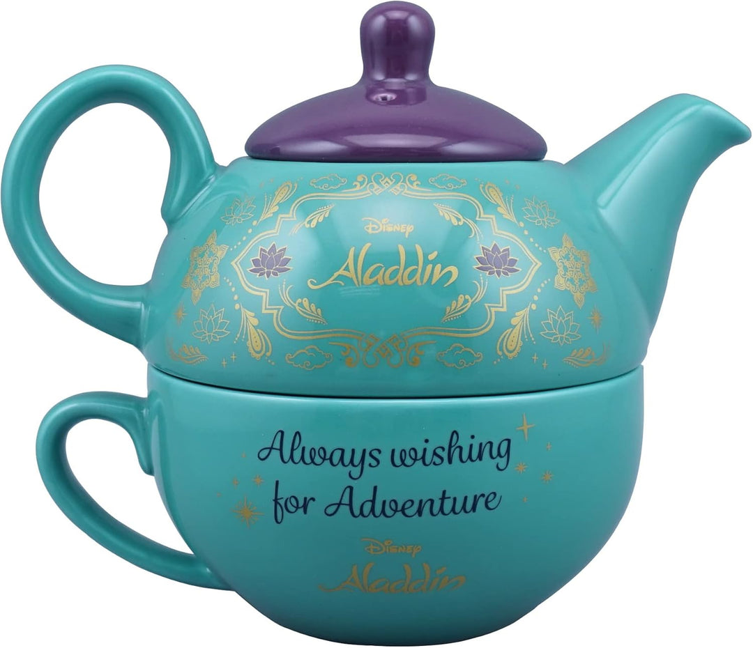 Disney Aladdin Tea for One Set - Black Teapot and Cup Set with Aladdin Character Illustrations