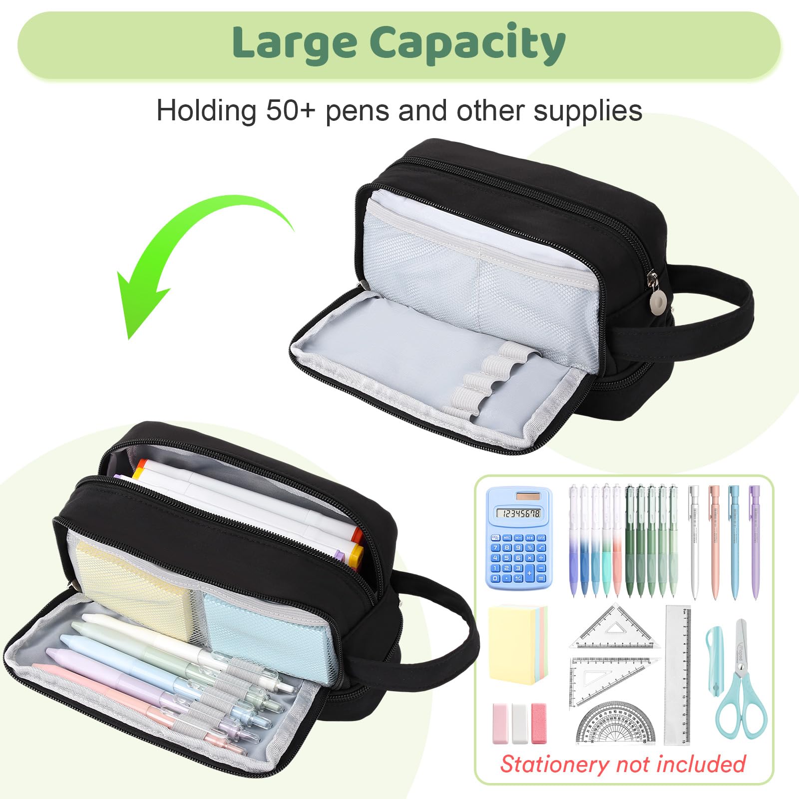 Alyvisun Large Capacity Pencil Case - 3 Compartments, Durable Canvas, Black | 22cm x 9cm x 14cm