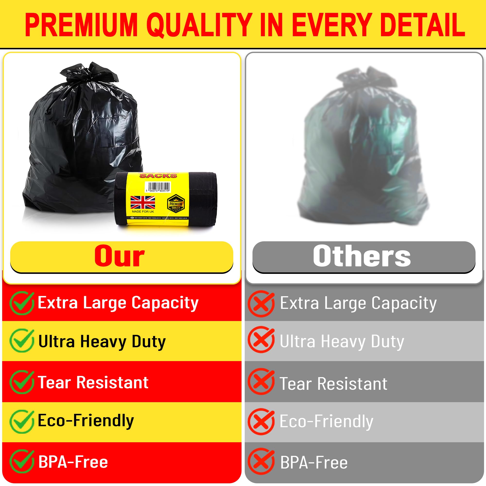 REQUISITE NEEDS Ultra Heavy Duty Refuse Sacks - 70L Capacity | Pack of 40 | Black 6