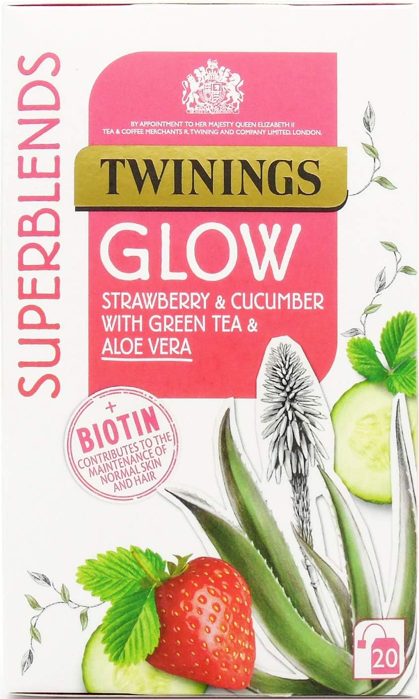Twinings Superblends Glow Tea - Strawberry & Cucumber Green Tea with Aloe Vera & Biotin (20 Bags)