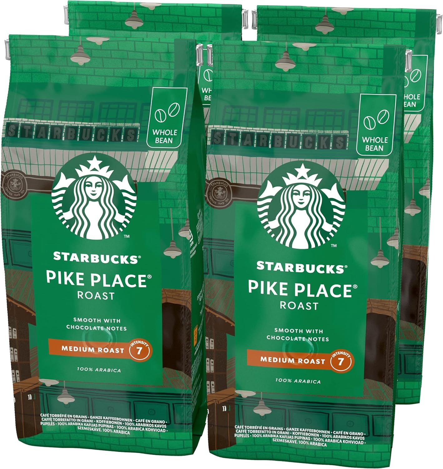 STARBUCKS Pike Place Roast Medium Roast Whole Bean Coffee - 4 x 450g Pack