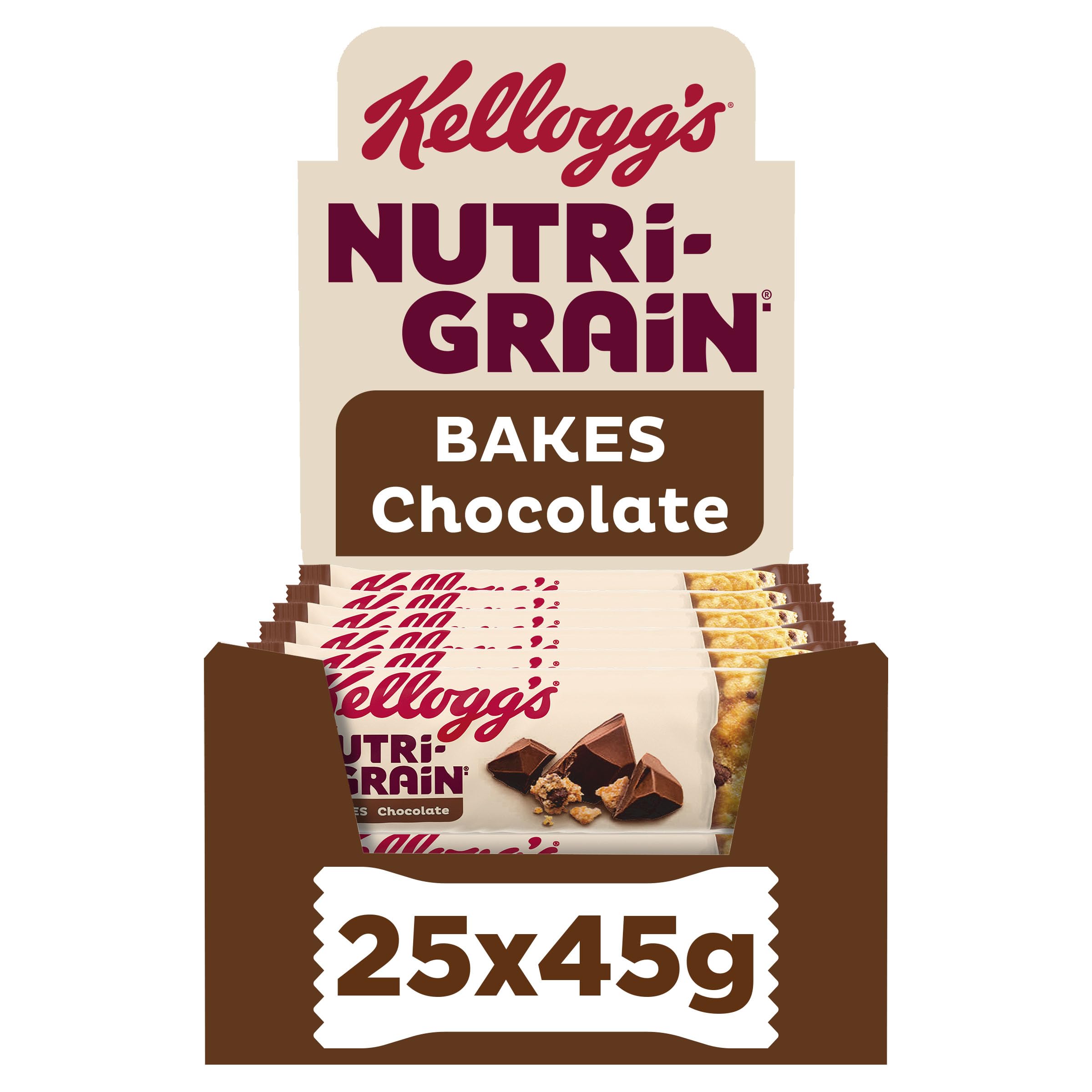 NUTRI-GRAIN Chocolate Cereal Bakes with Oats and Wheat, Fortified with Vitamins and Iron | 25 x 45g Pack