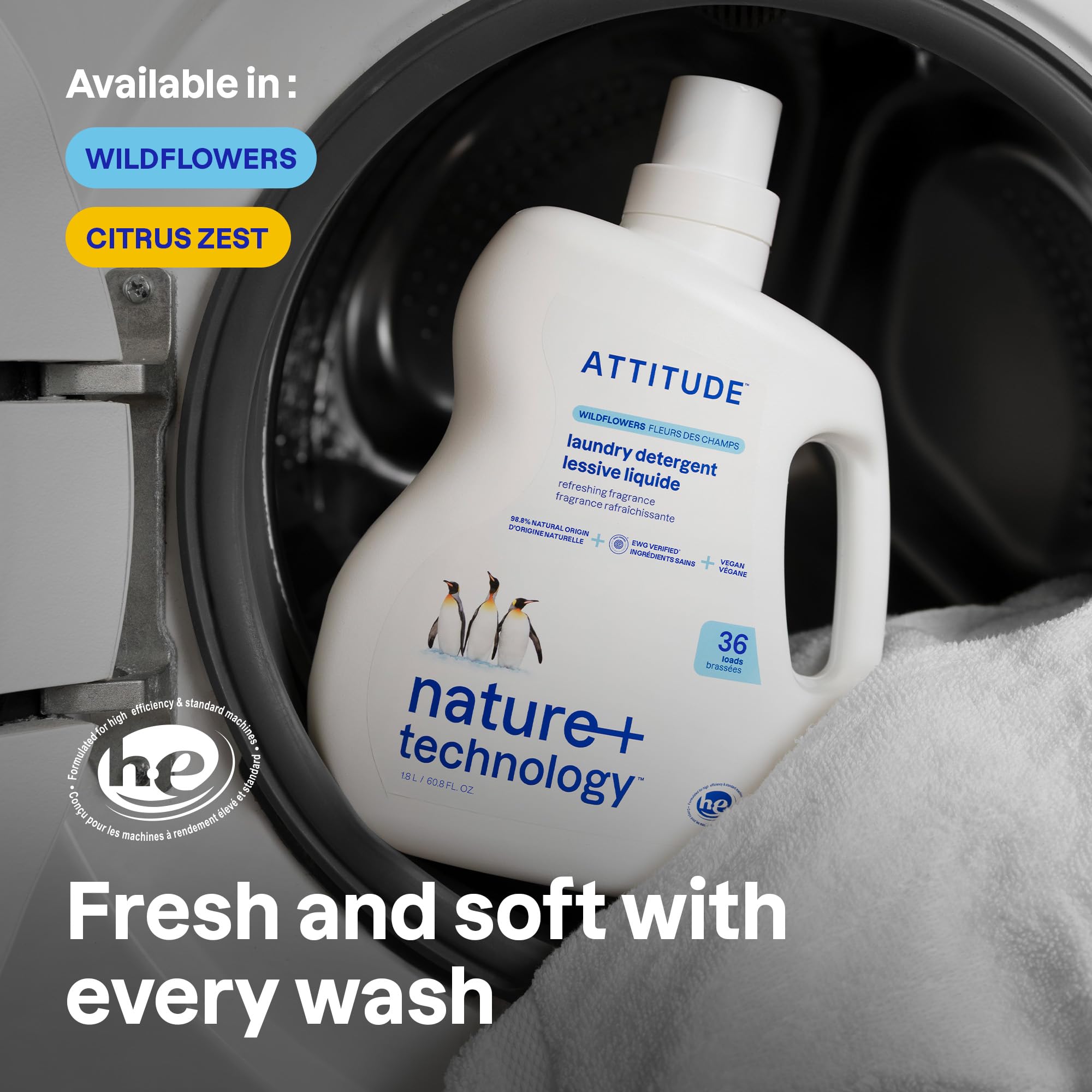 ATTITUDE Liquid Laundry Detergent - EWG Verified, Wildflower Scent, HE Compatible | 1.8 L (36 Loads)