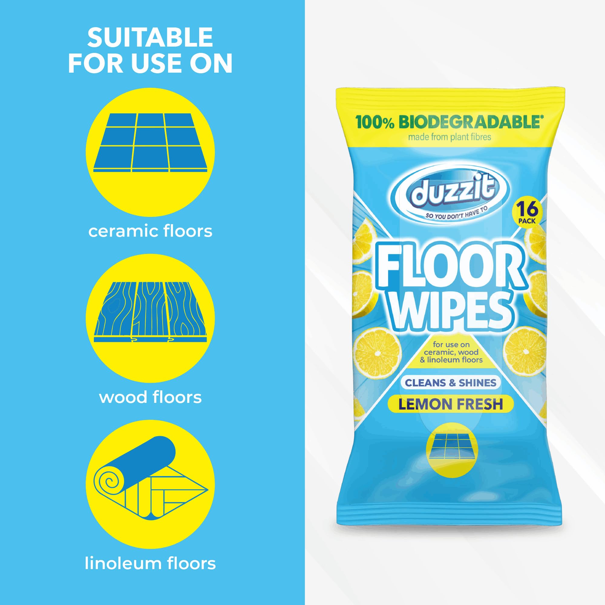 Duzzit Floor Wipes - 16 Count Biodegradable Plant Fibre Wipes for All Floors