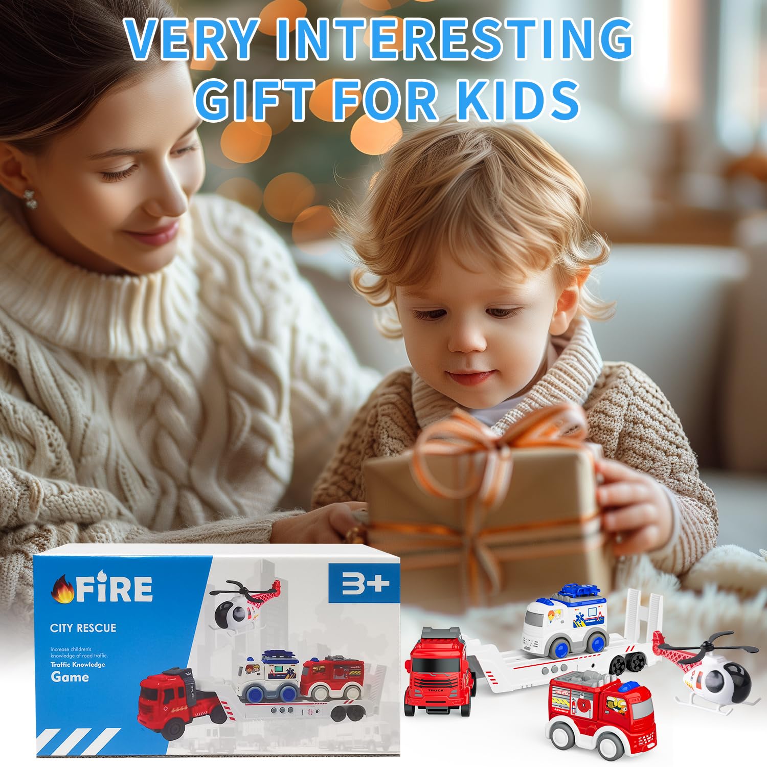 GizmoVine Fire Truck Playset - Vehicle Transporter Toy with Ambulance & Helicopter for Kids 3+ 6