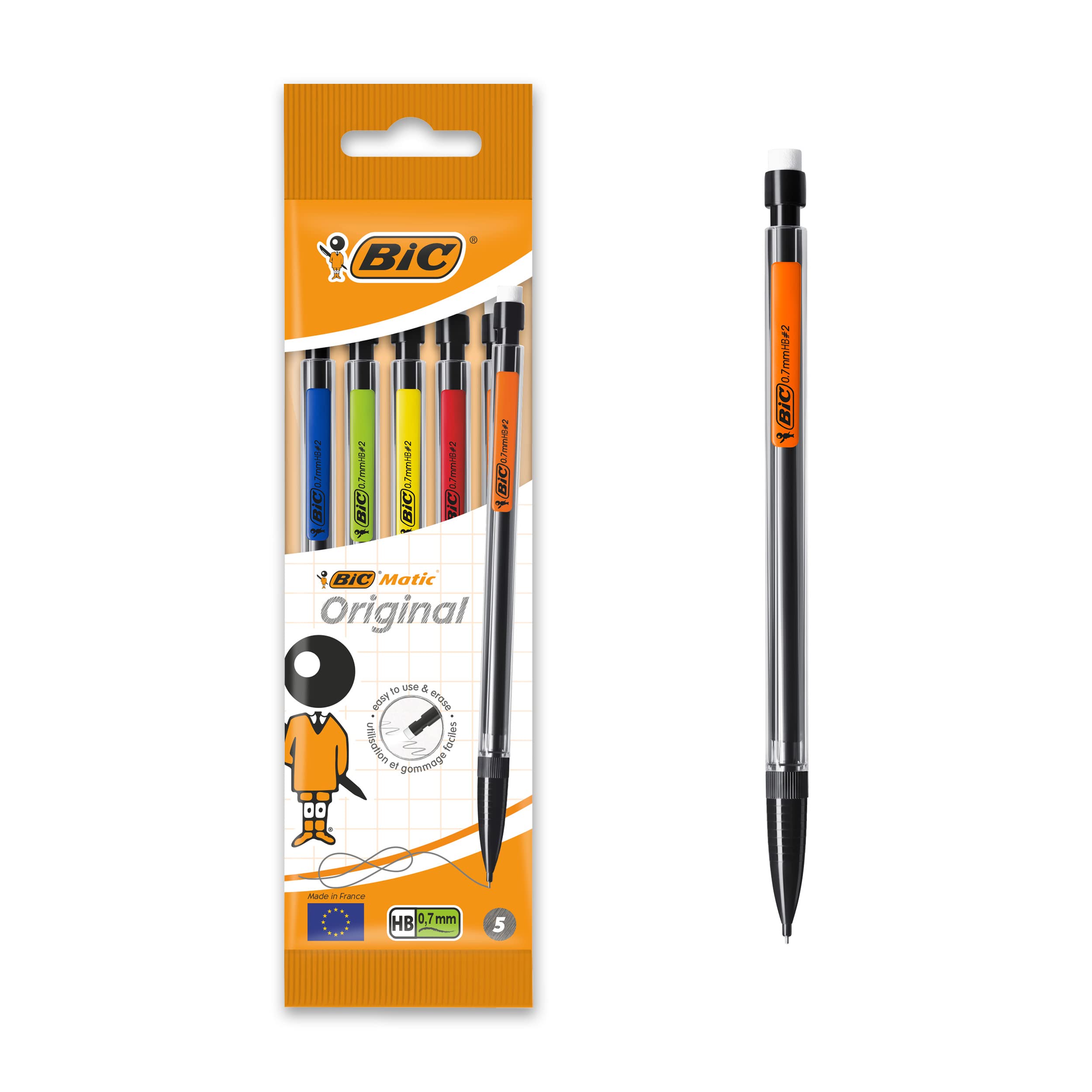 BIC Matic Original Mechanical Pencils - 0.7mm Fine Point, HB Lead, Built-in Eraser | 5 Pack