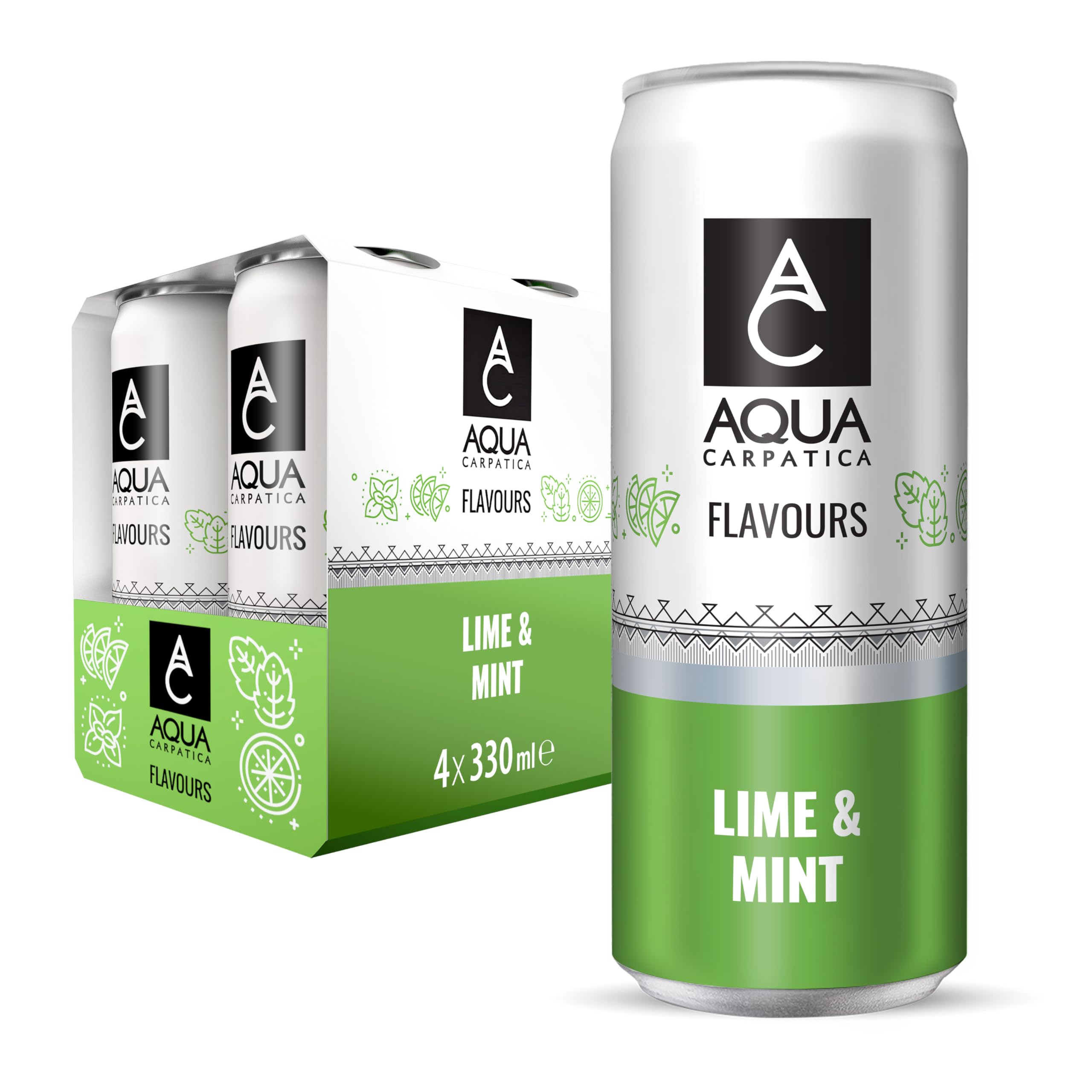 Aqua Carpatica Sparkling Flavours Lime & Mint - Naturally Sweetened, 330ml Cans (Pack of 4)