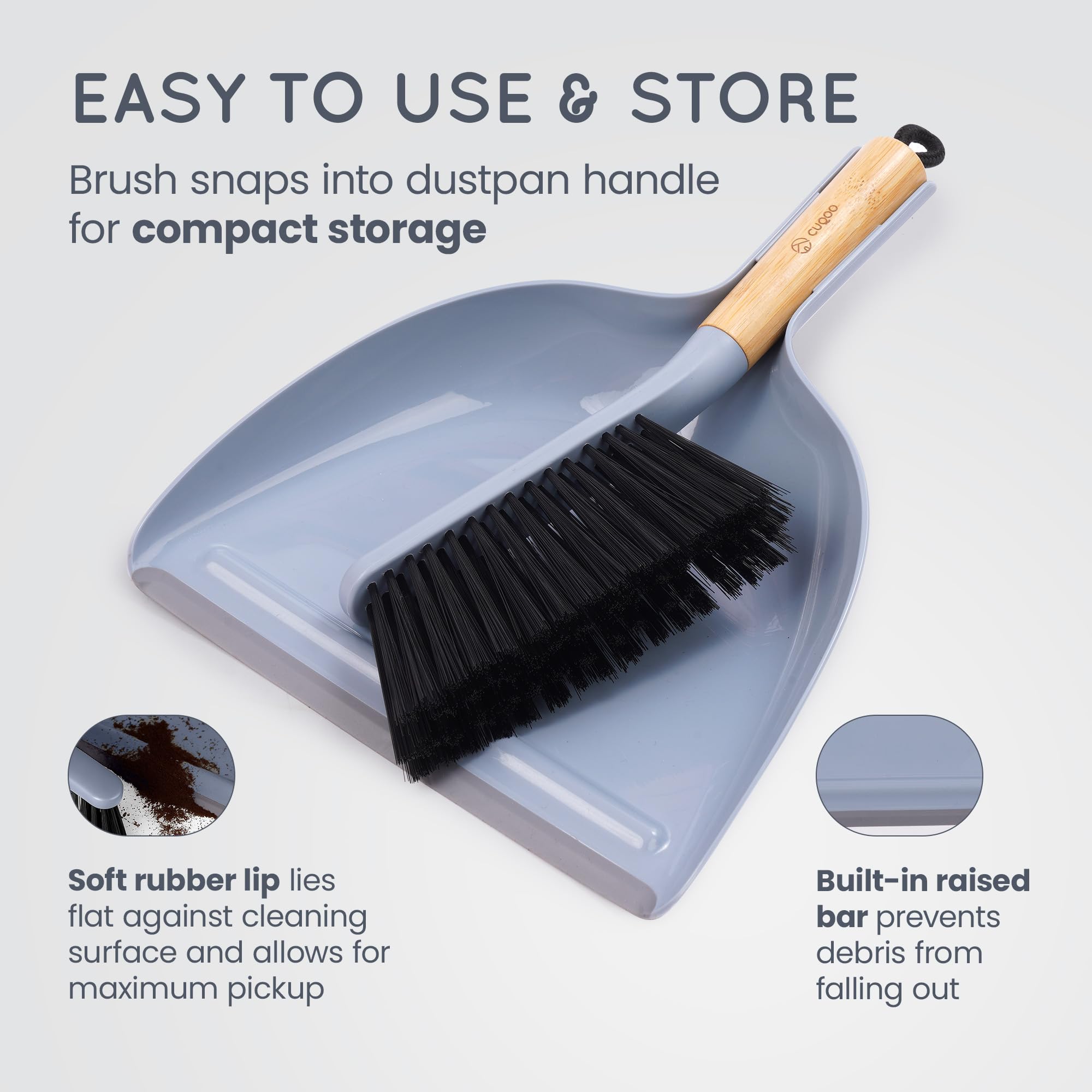 CUQOO Compact Bamboo Dustpan and Brush Set | Soft Scratch-Free Bristles | Grey 5