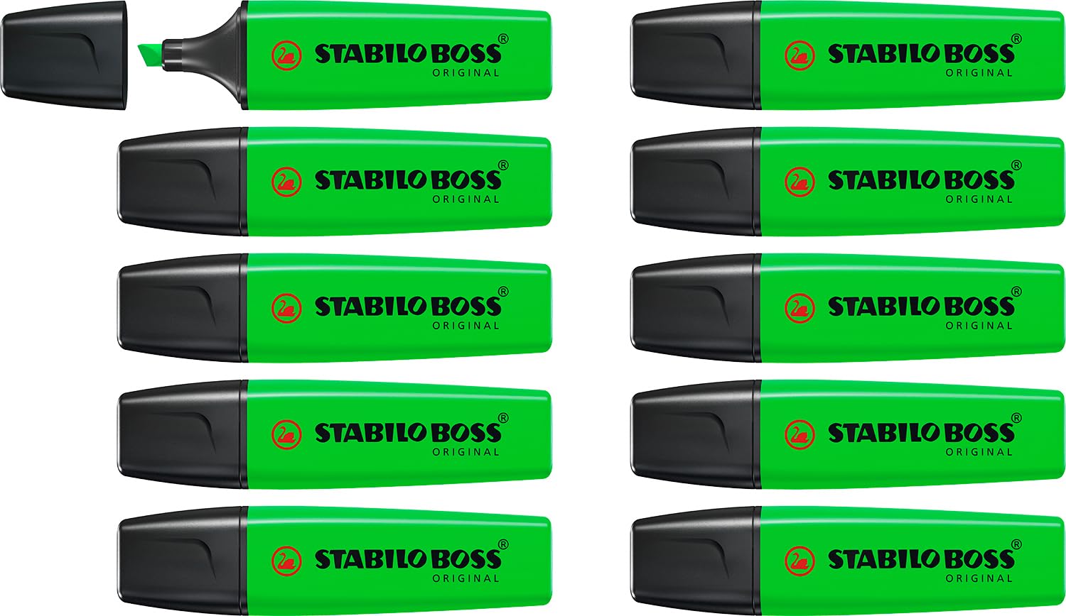 STABILO BOSS ORIGINAL Highlighter - Green | Pack of 10 | 2mm & 5mm Line Widths