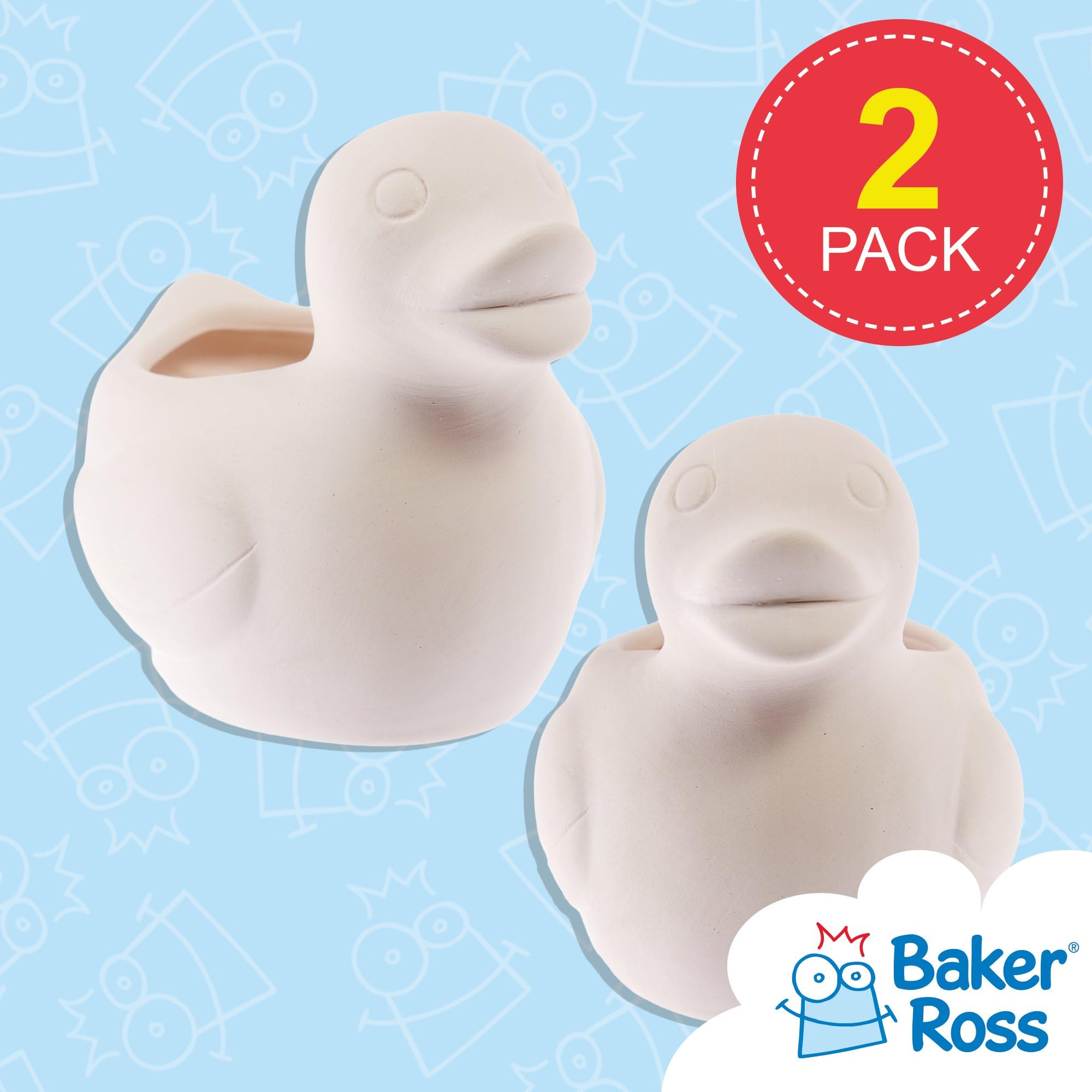Baker Ross FX570 Duck Ceramic Flowerpots - Box of 2, Paint Your Own Plant Pot for Ages 3+
