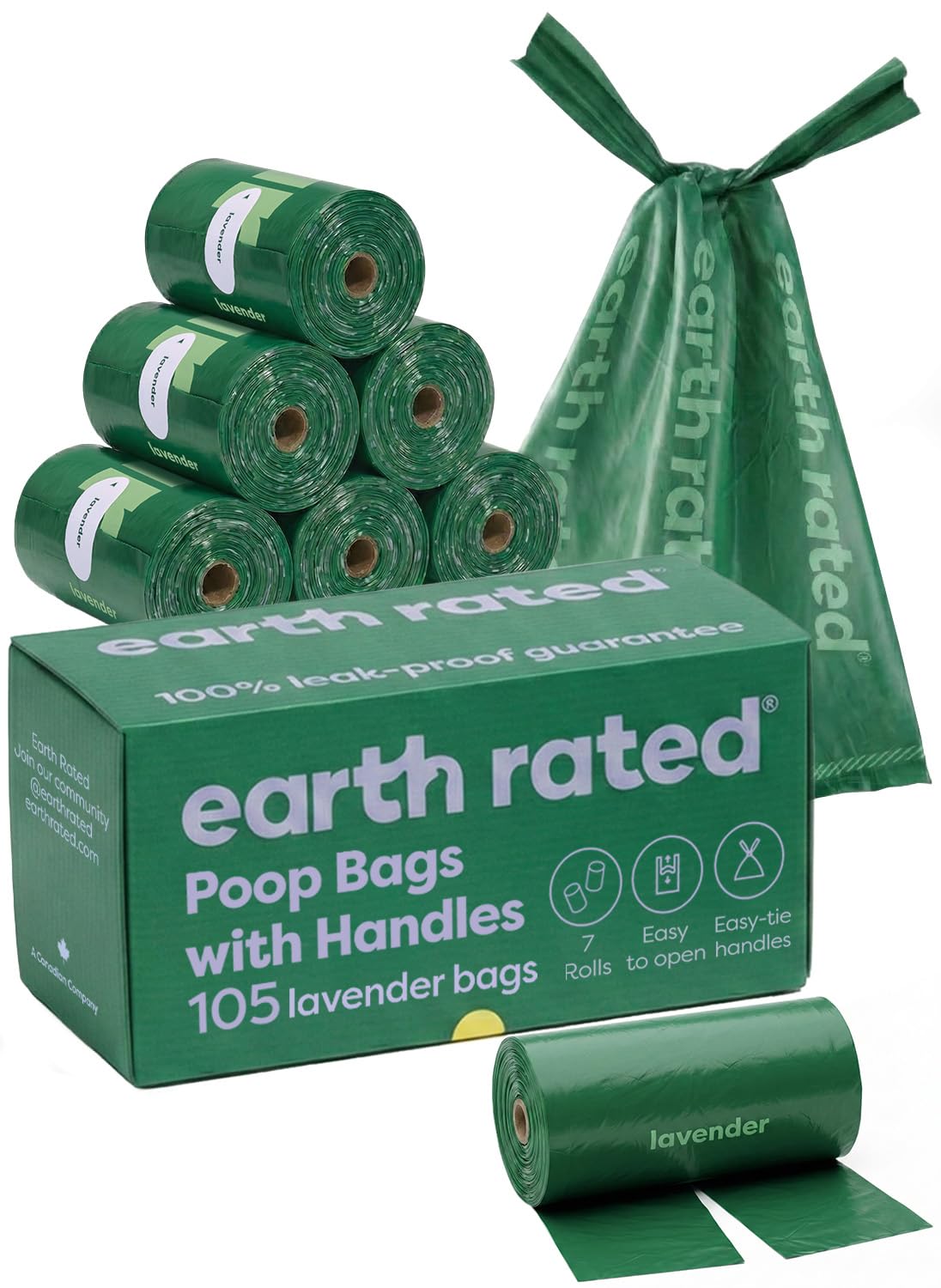 Earth Rated Dog Poop Bags with Tie Handles on Refill Rolls - 105 Count, Lavender Scent, Green