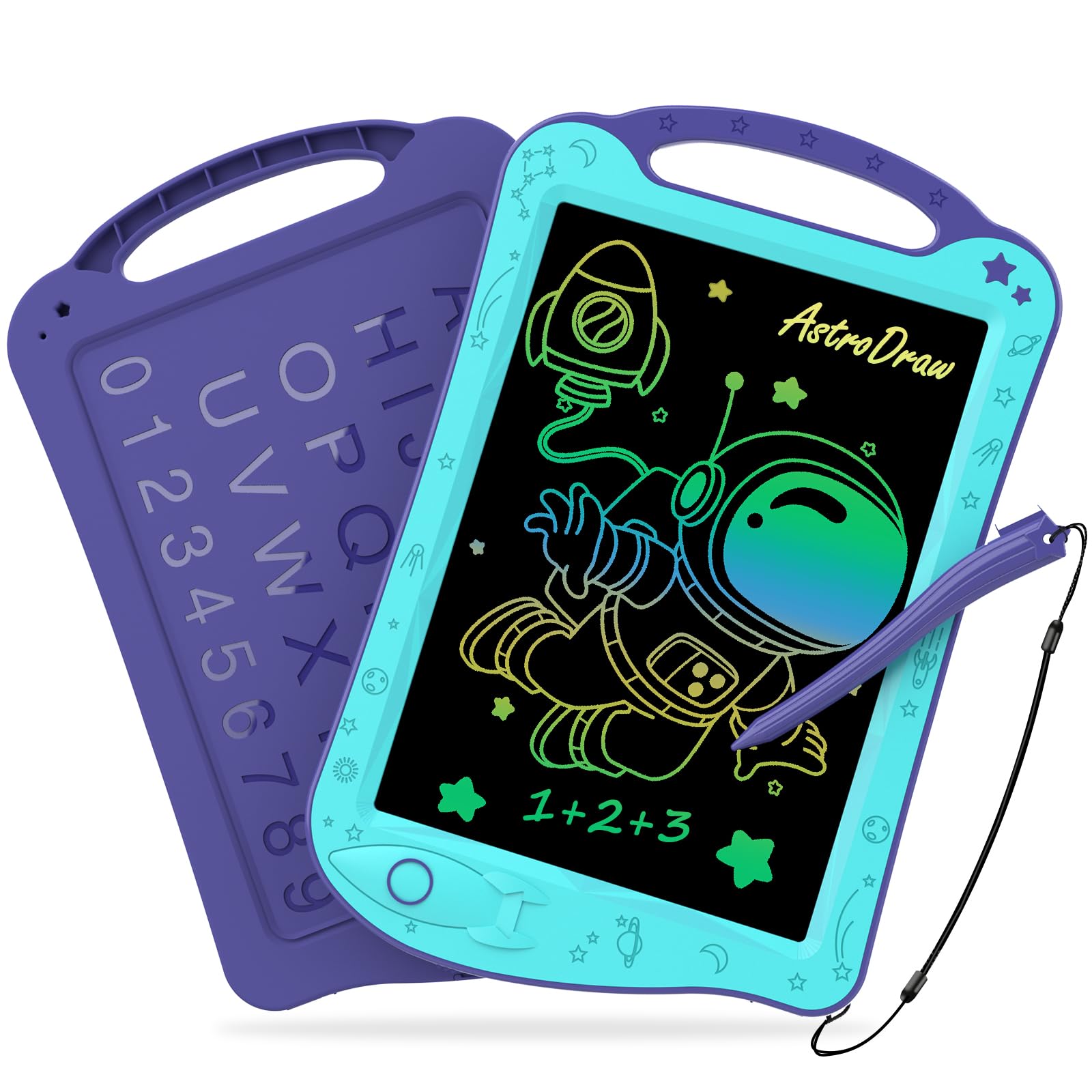 HOMESTEC AstroDraw Space Drawing Pad for Kids - LCD Writing Tablet with Handle, Educational Toddler Toy for Ages 18 Months and Up (Aqua/Purple)