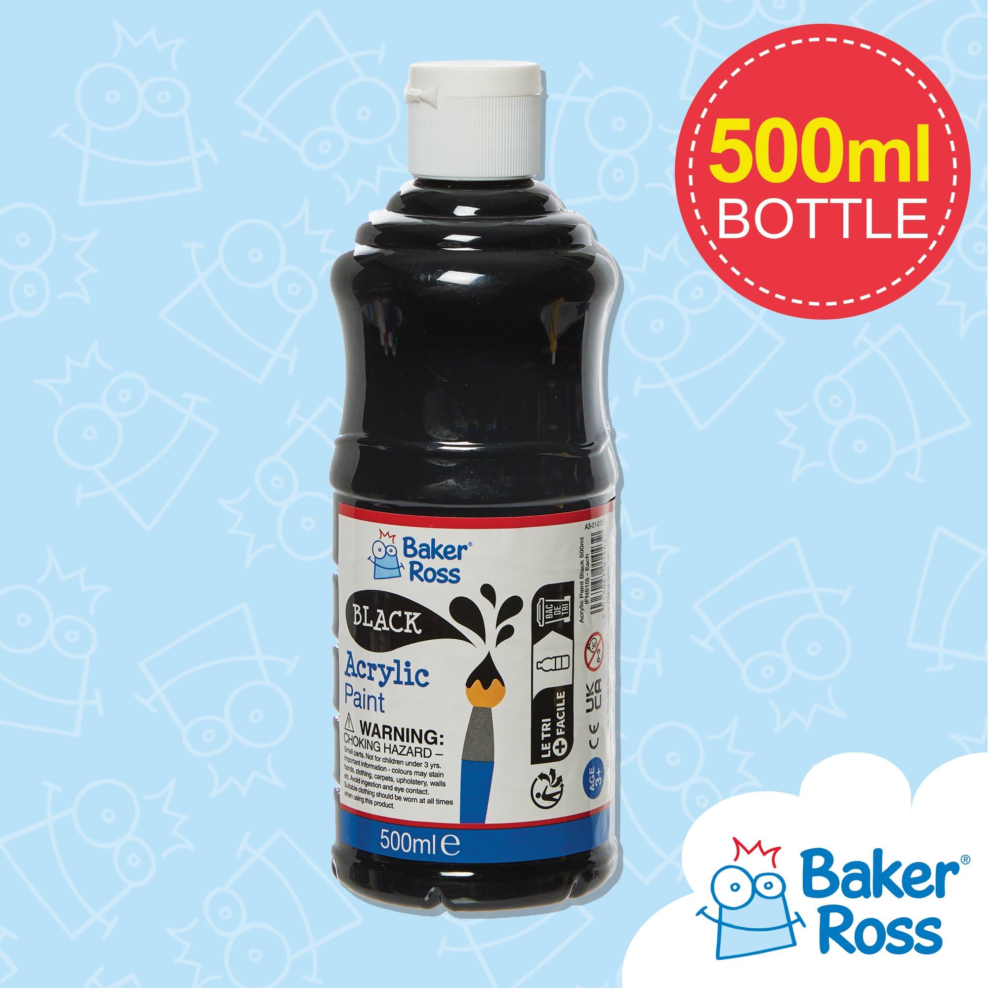 Baker Ross FN510 Black Acrylic Paint 500ml - Water-Based, High-Gloss Finish | Pack of 1