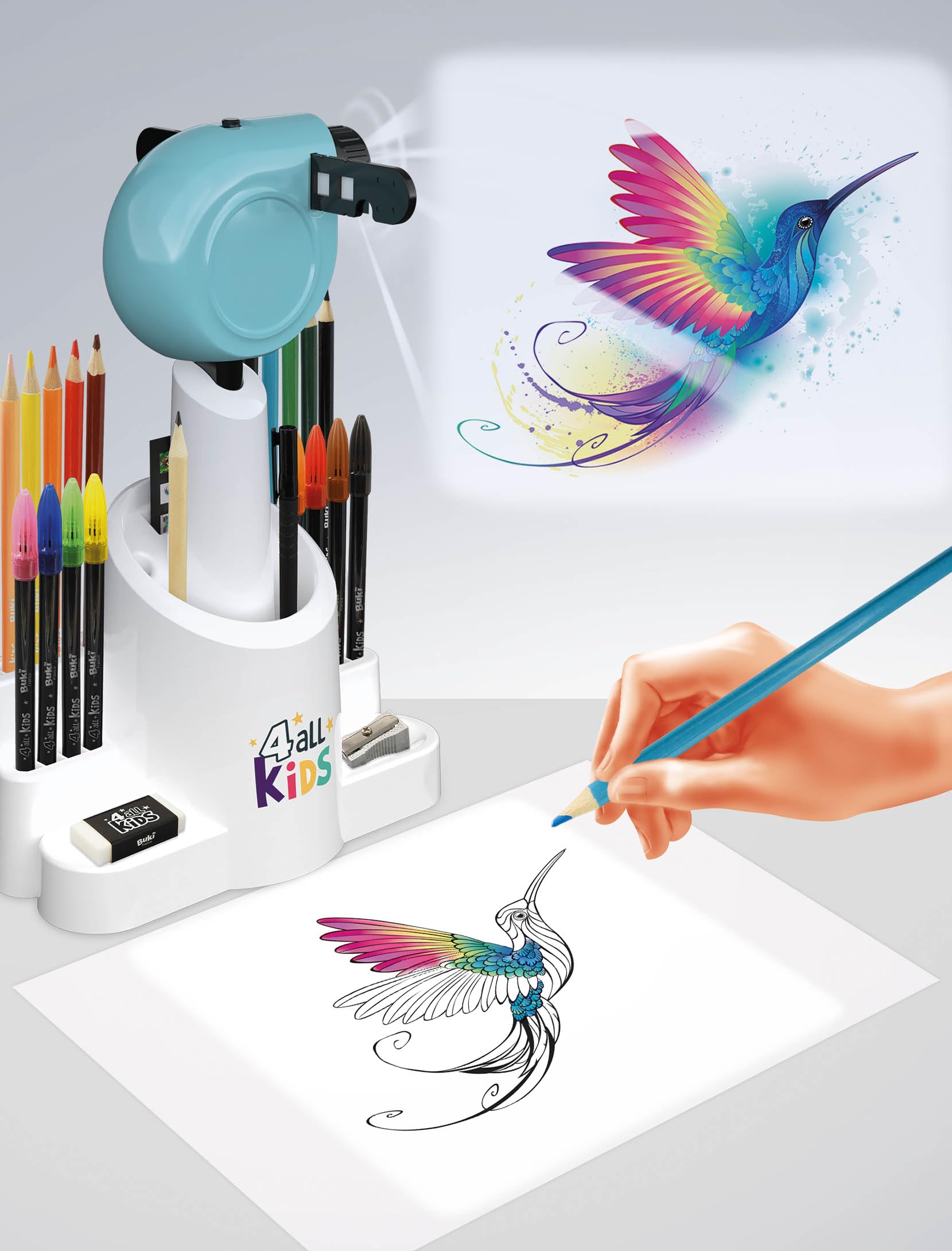 Buki France Drawing Projector - Adjustable Height & Focus, Includes 30 Images & 200 Decorations, 12 Watercolour Pencils, 8 Markers 6