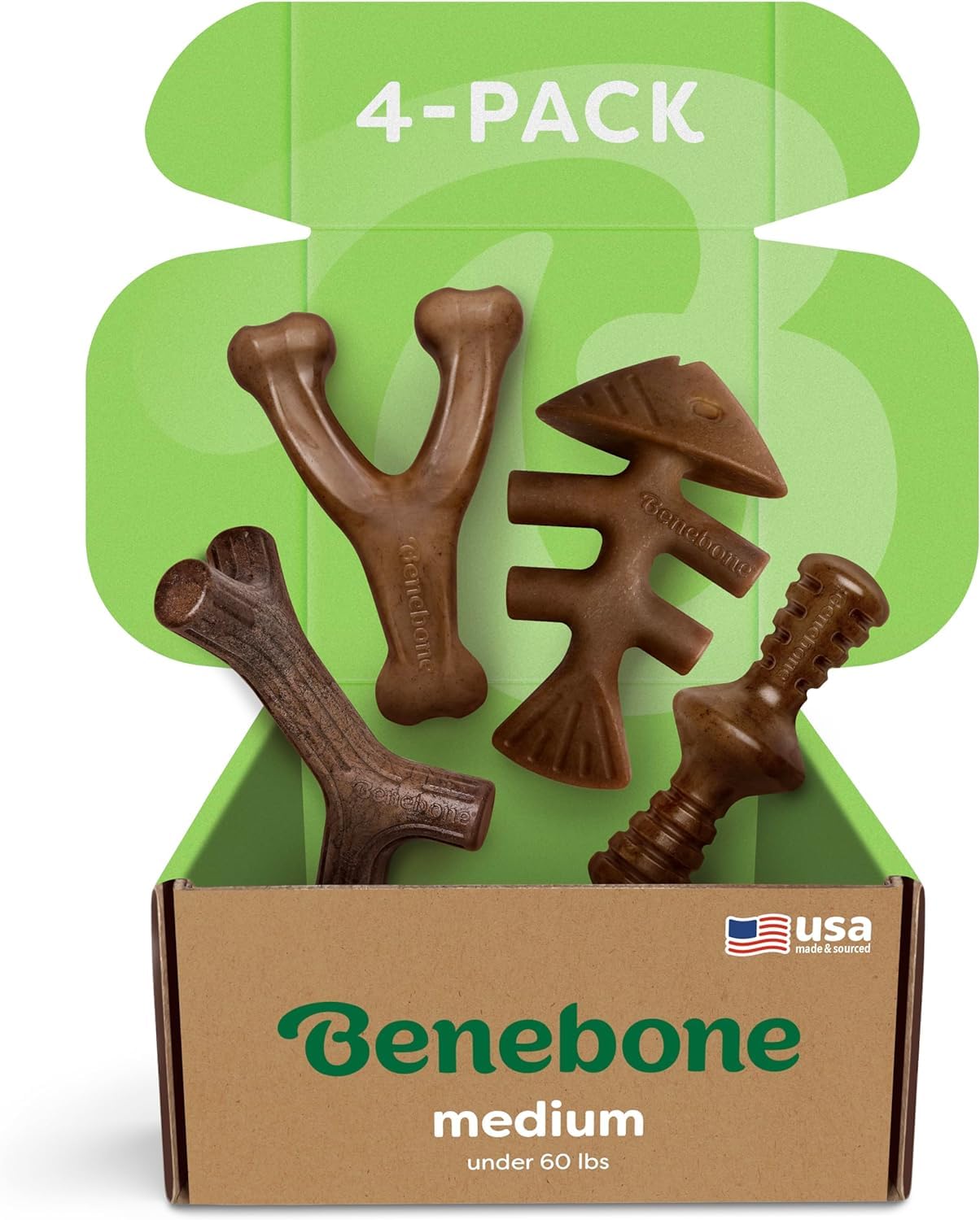 Benebone Durable Dog Chew Toy Box for Aggressive Chewers - 4 Pack Medium Nylon Chews with Bacon, Salmon & Maple Flavors