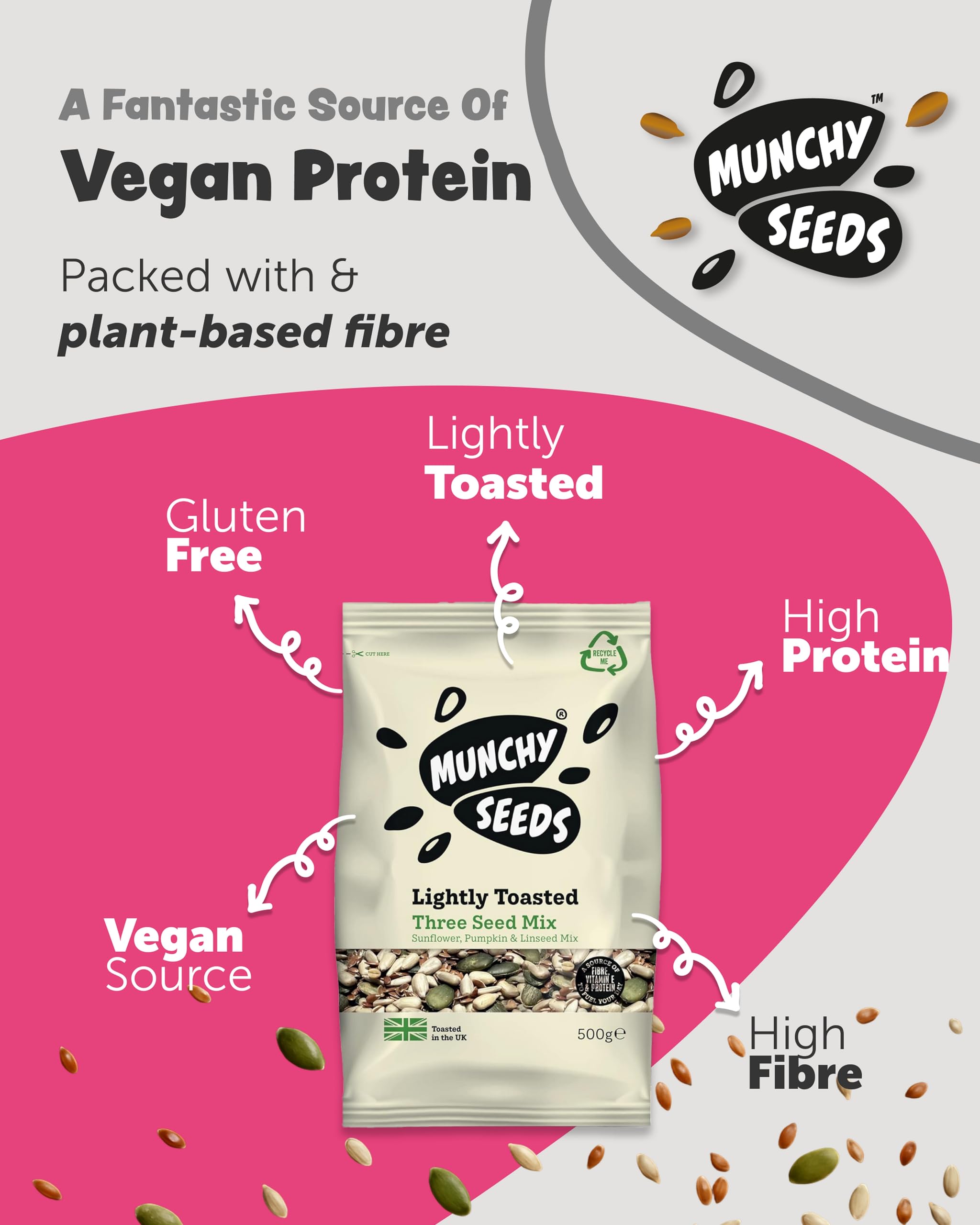 Munchy Seeds Lightly Toasted 3 Seed Mix - Pumpkin, Sunflower & Linseed | 500g | Vegan 3