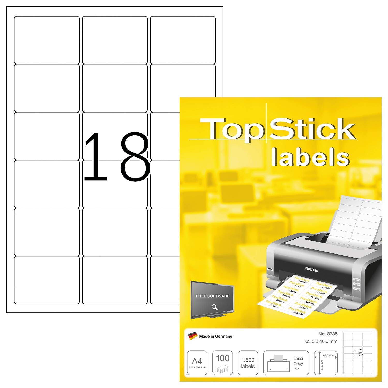 TopStick Self Adhesive Address Labels - 1800 Labels, 63.5 x 46.6 mm, White, for Laser & Inkjet Printers
