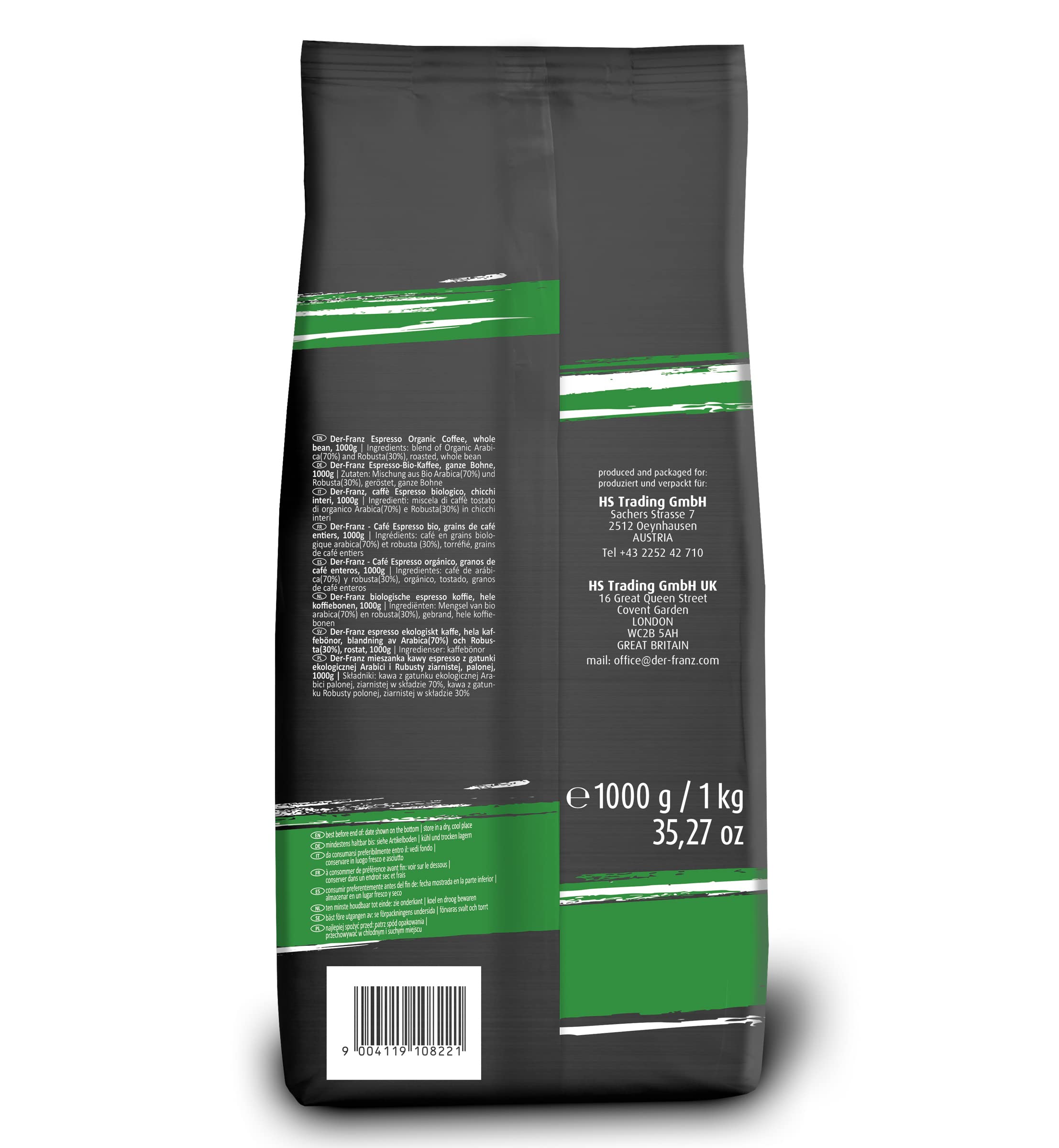 Der-Franz Espresso Organic Whole Coffee Beans - 1000g | 70% Arabica, 30% Robusta