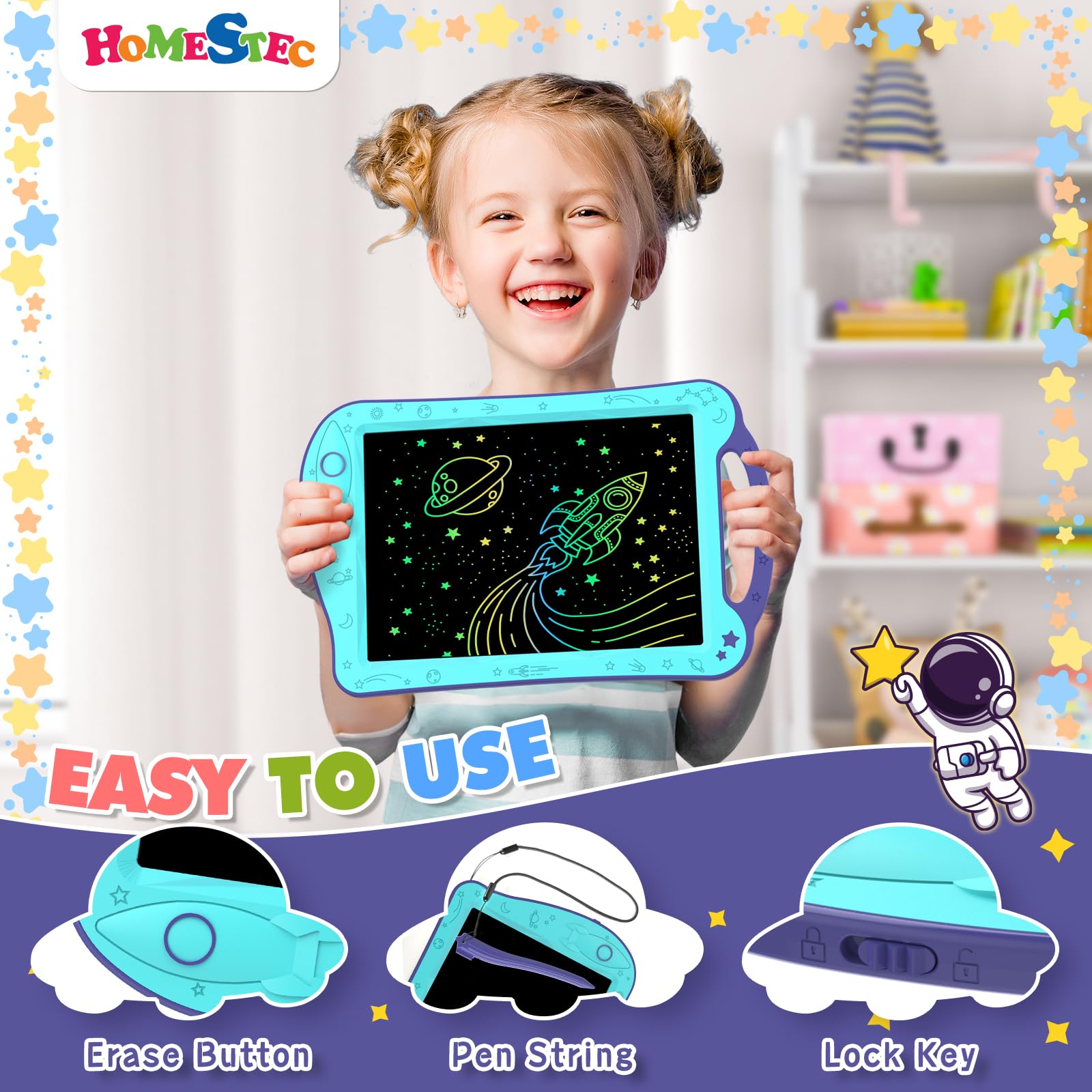 HOMESTEC AstroDraw Space Drawing Pad for Kids - LCD Writing Tablet with Handle, Educational Toddler Toy for Ages 18 Months and Up (Aqua/Purple) 10