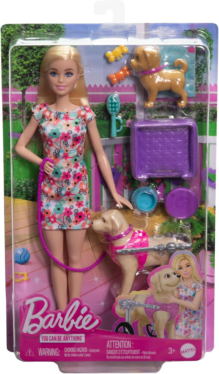 Barbie Doll with 2 Toy Dogs & Pet Accessories, 1 Pup in a Removable Wheelchair w