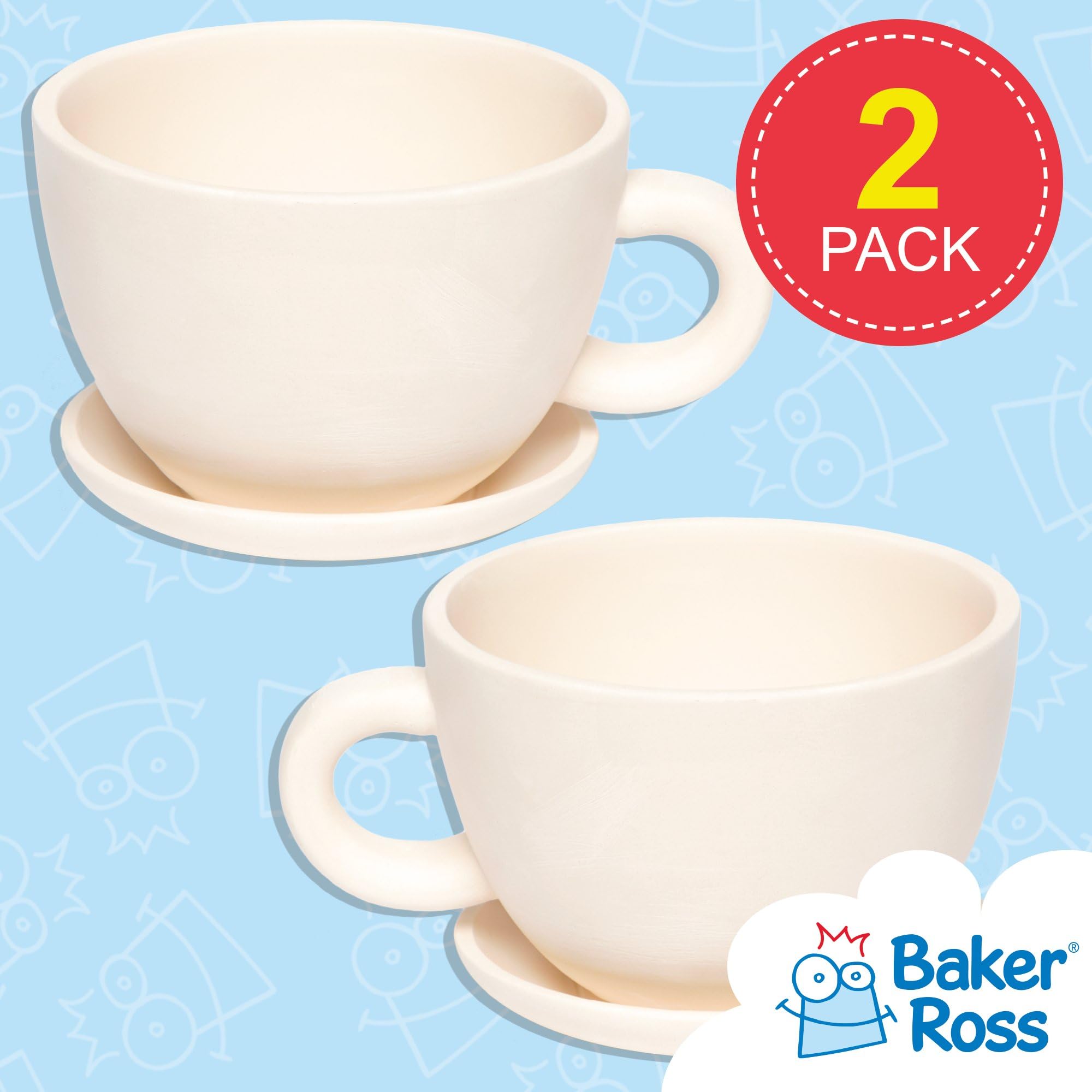Baker Ross Paint Your Own Cup and Saucer Ceramic Plant Pots - Pack of 2 | Paintable Ceramic | Assorted Colors
