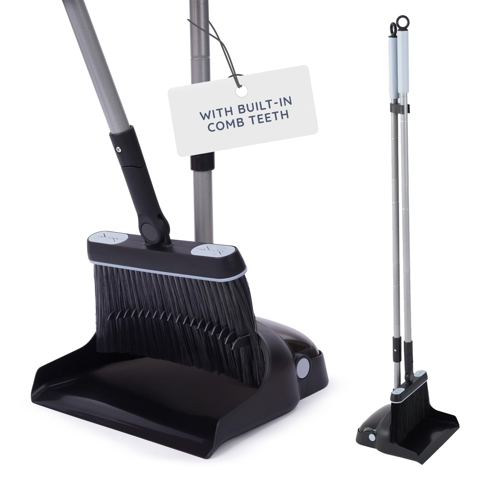 CUQOO Dustpan and Brush Set - Long Handled Upright Standing | Nylon Bristles | Black