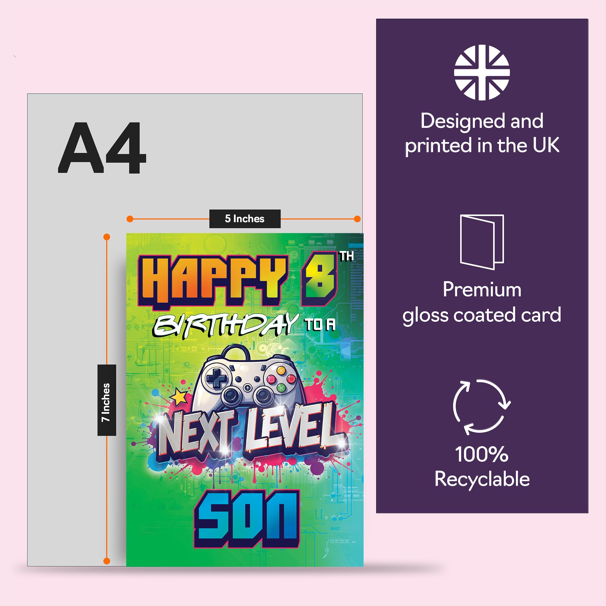 Giftzie 8th Birthday Card for Son | Next Level Design | 5x7 Inch Greeting Card | Uncoated Interior 5