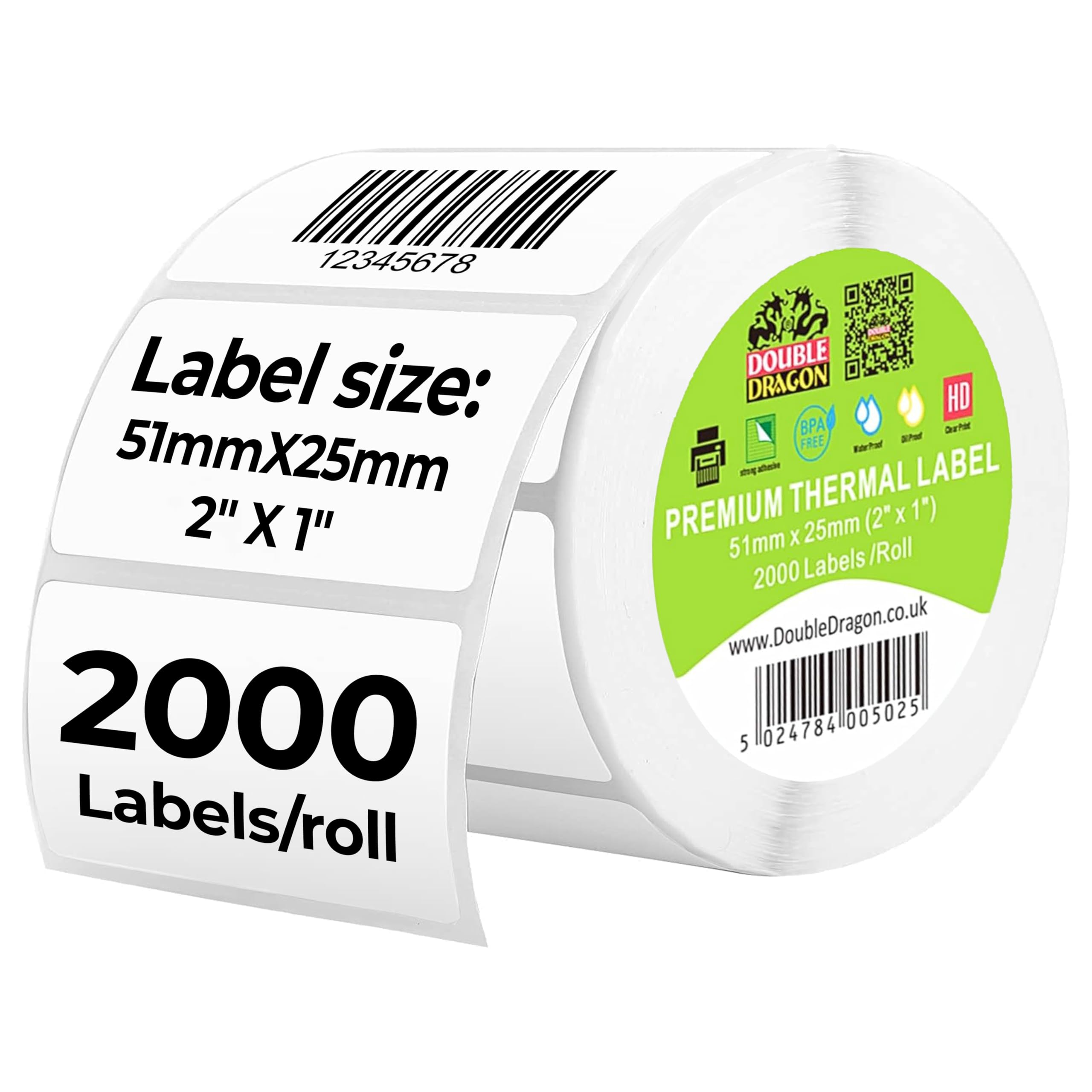 Double Dragon Direct Thermal Printer Labels - 51mm x 25mm | 2,000 Labels per Roll | Waterproof & Scratch Resistant