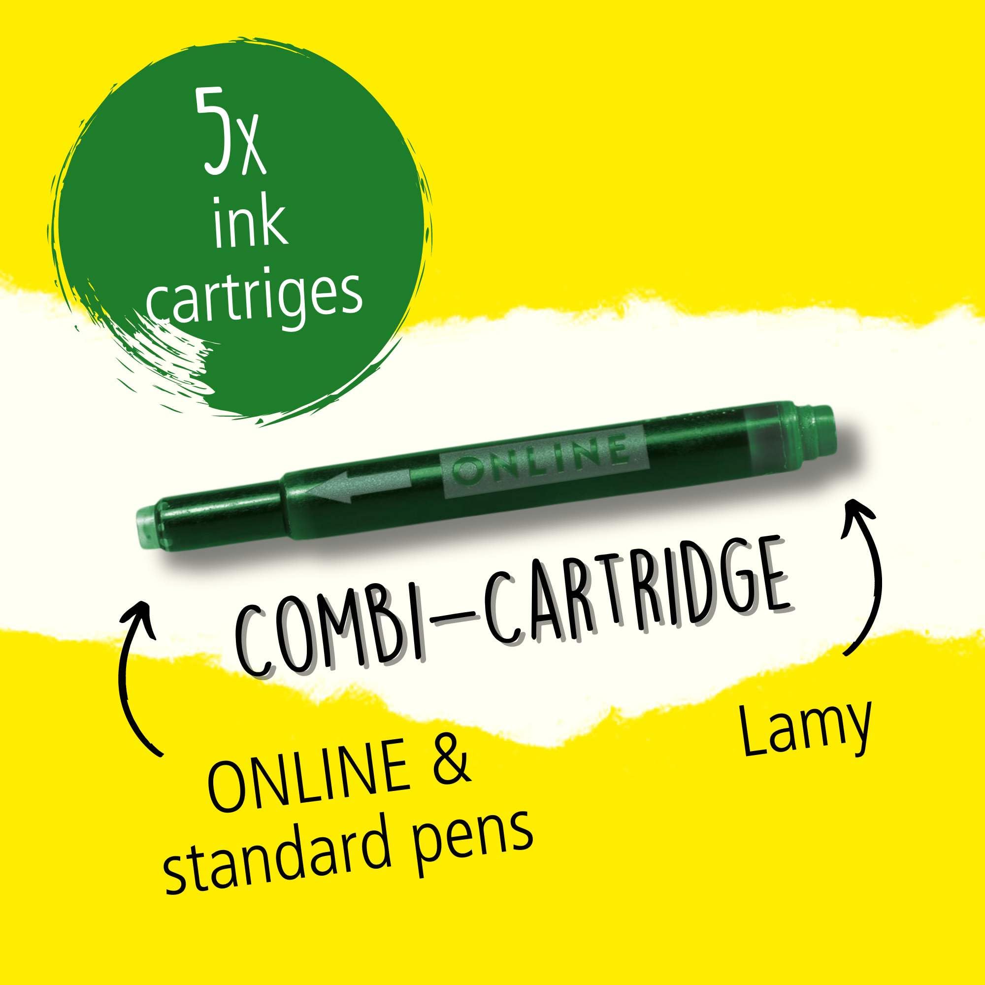 Online Universal Double-Sided Fountain Pen Refills - Green Ink, 5 Pack | Compatible with Lamy Pens