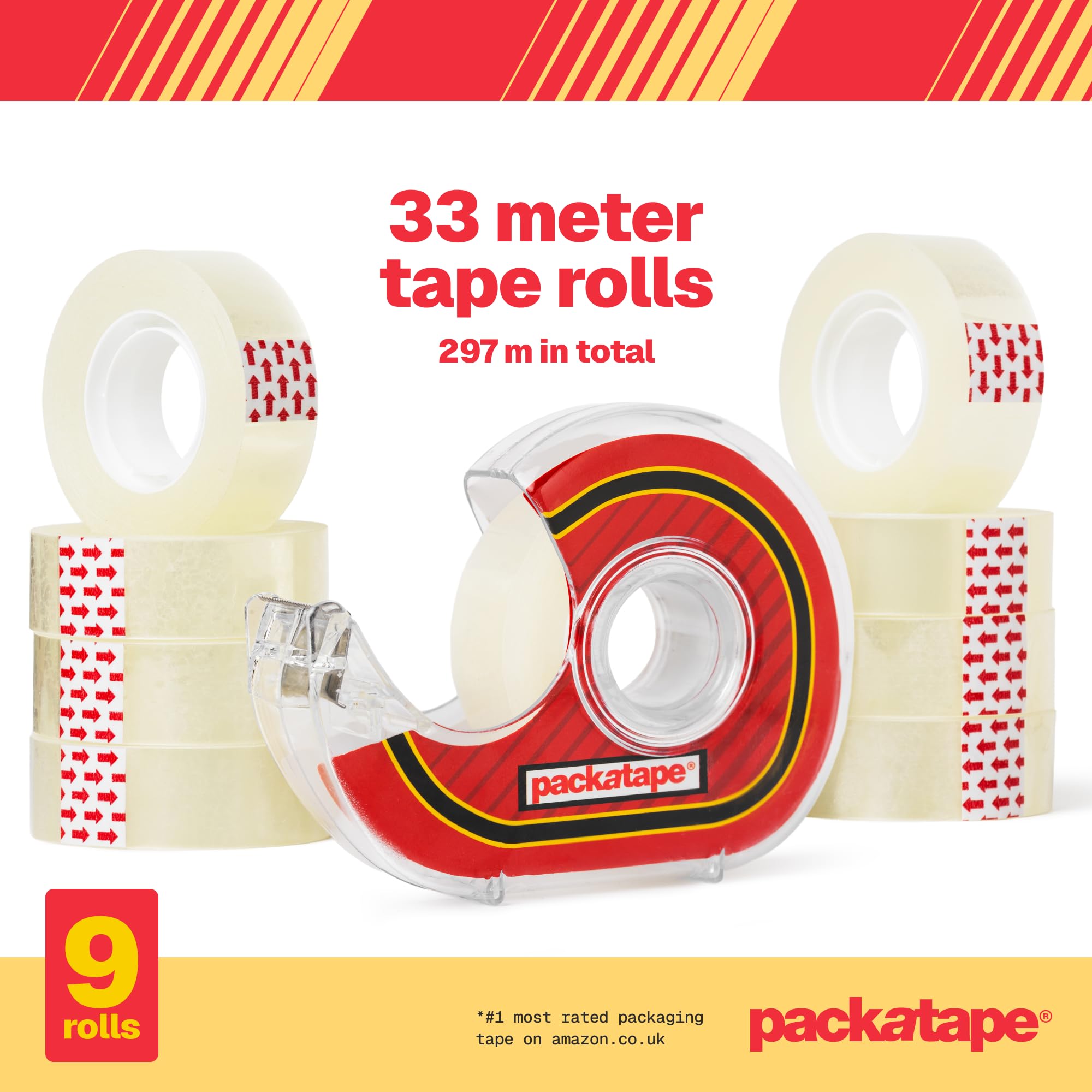 Packatape Cellotape - 9 Clear Transparent Rolls (18mm x 33m) with Dispenser