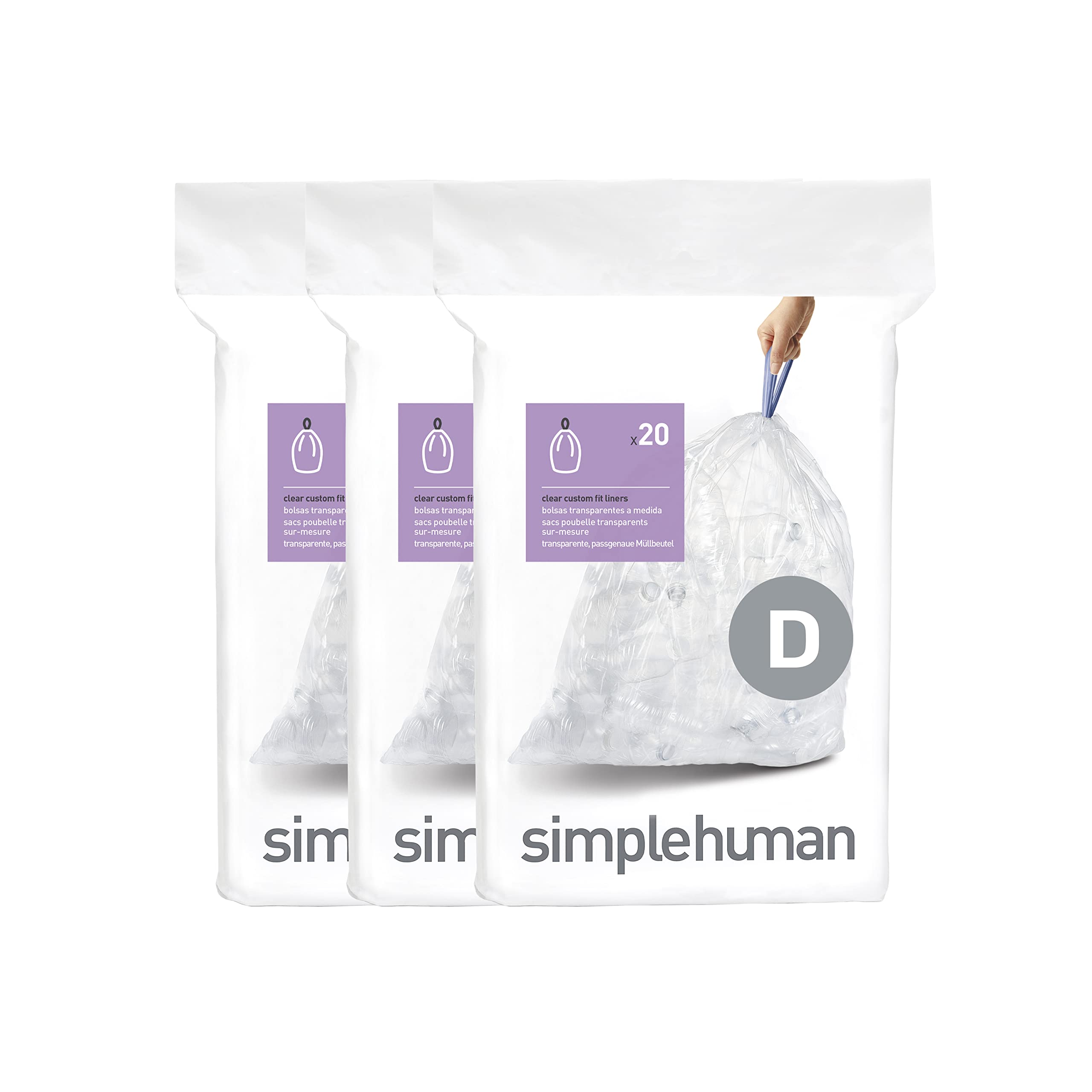 simplehuman CW0278 Code D Custom Fit Bin Liner - 60 Count, 20L Capacity, Clear Plastic 1