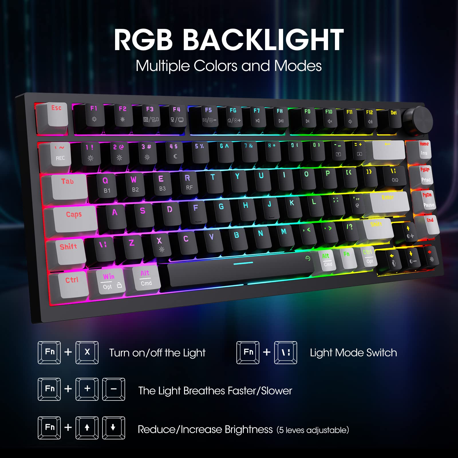 KOORUI MK082 82-Key Mechanical Gaming Keyboard - RGB Backlit, Wireless/Wired, 3-Mode Connectivity 8