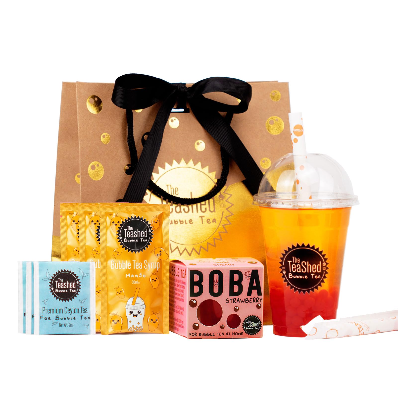The TeaShed Bubble Tea Syrup Kit Gift Set - 3 Servings | Strawberry Popping Boba & Peach Syrup 1