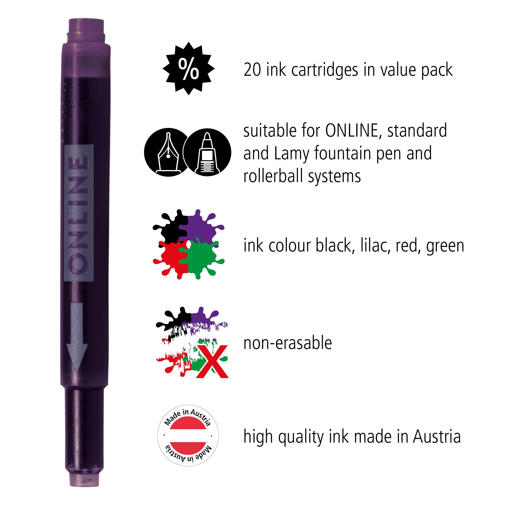 Online Colourful Double-Sided Pen Refills - 20 Cartridges (4-Pack) | Red, Green, Black, Purple | Universal & Lamy Compatible