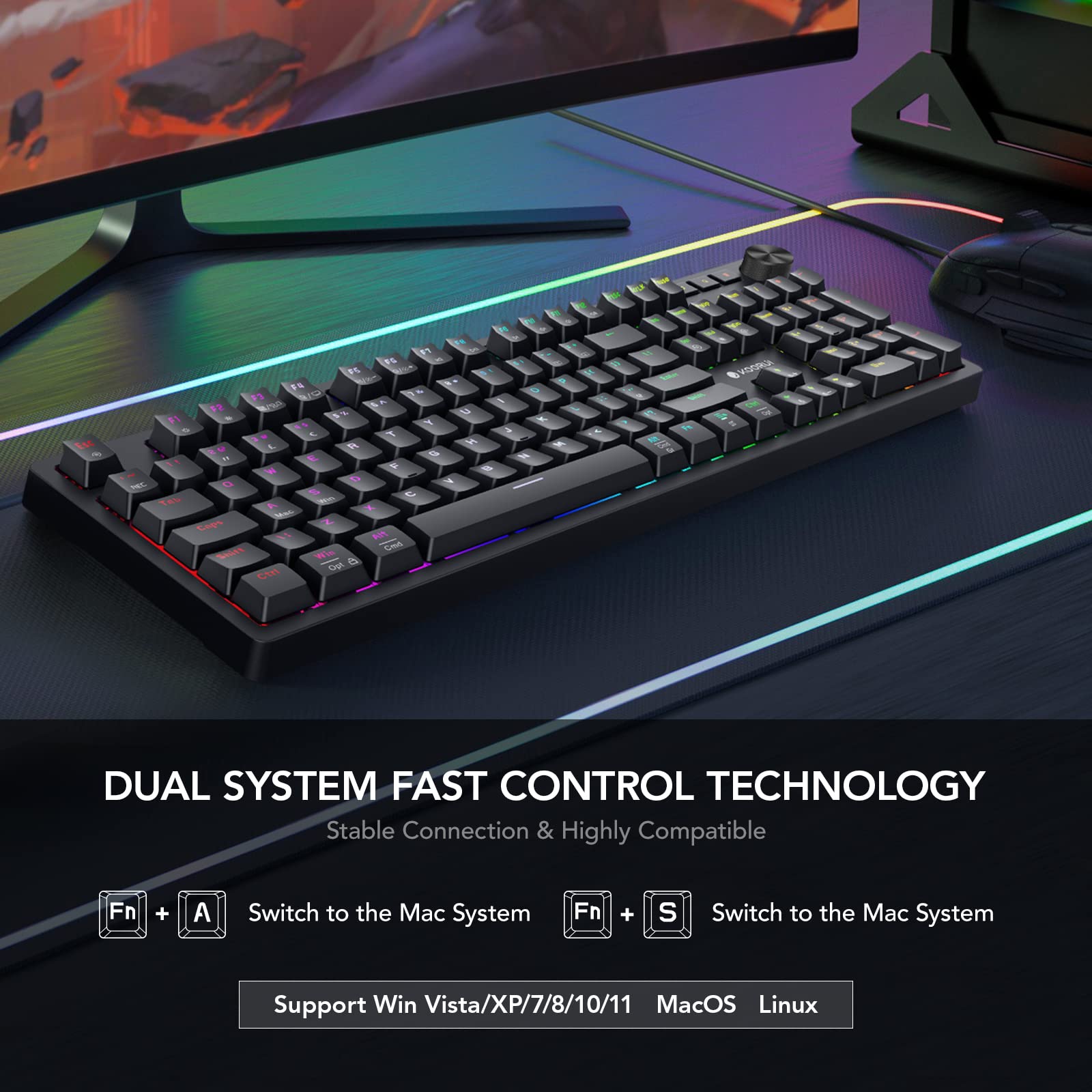 KOORUI MK104-RED Mechanical Gaming Keyboard – 104 Keys, 26 RGB Backlighting Effects, Pluggable Switches, Anti-Ghosting, Wired for PC & Mac 4