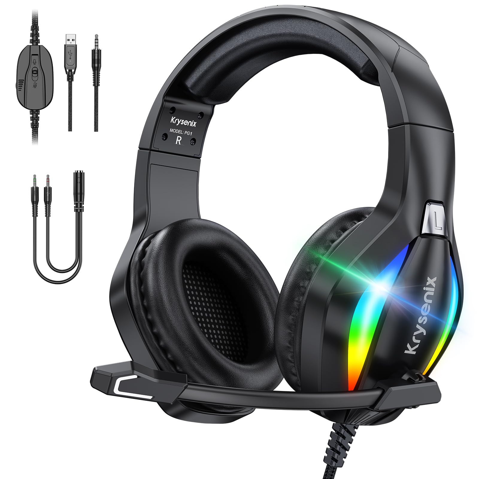 Krysenix PG1 RGB Gaming Headset - Multi-Platform Compatible, Stereo Surround Sound, Noise-Canceling Mic 1
