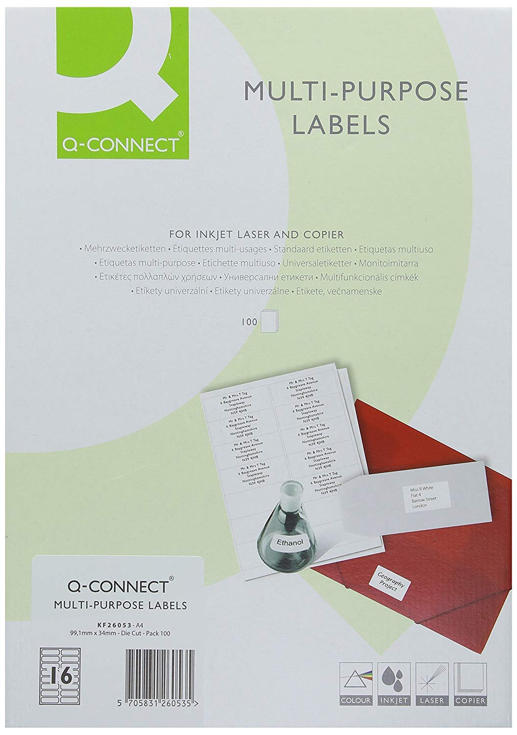 Q-Connect Multipurpose Labels - 99.1x34mm, 16 Per Sheet, White | 1600 Pack (KF26) 1
