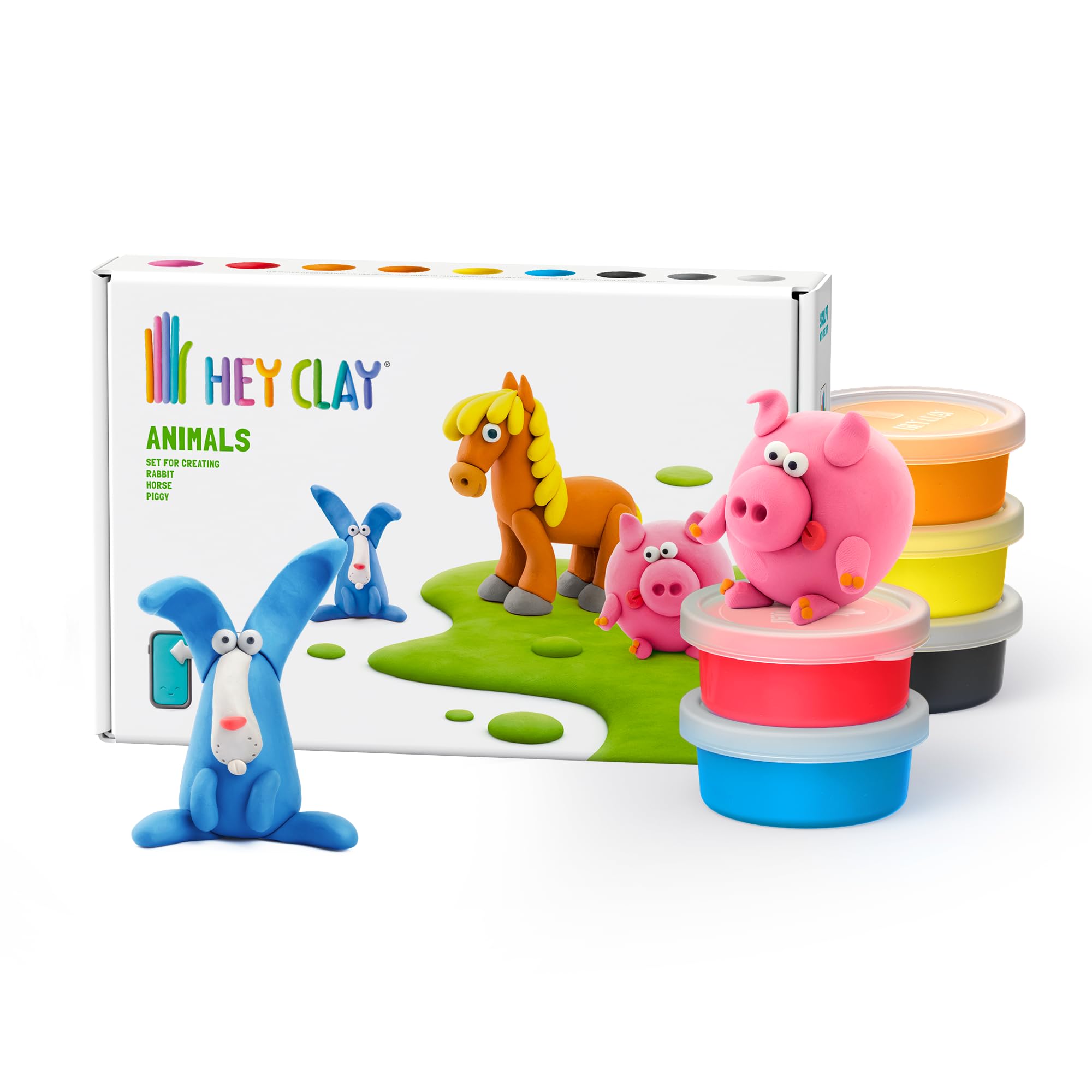 Hey Clay Animals: Piggy, Horse, Rabbit Set - Air Dry Modeling Clay Kit for Kids 3+