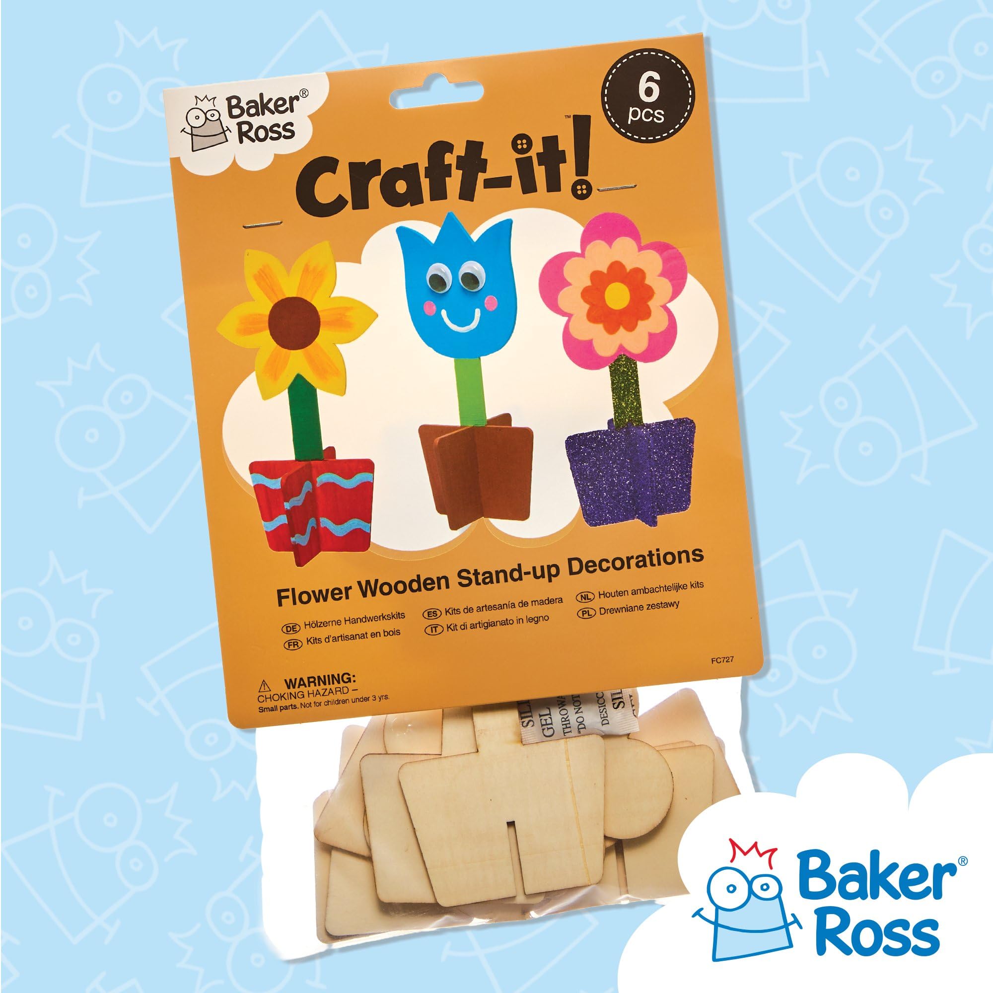 Baker Ross Flower 3D Wooden Stand Up Decorations - Pack of 6 Kits | 16cm Height 6