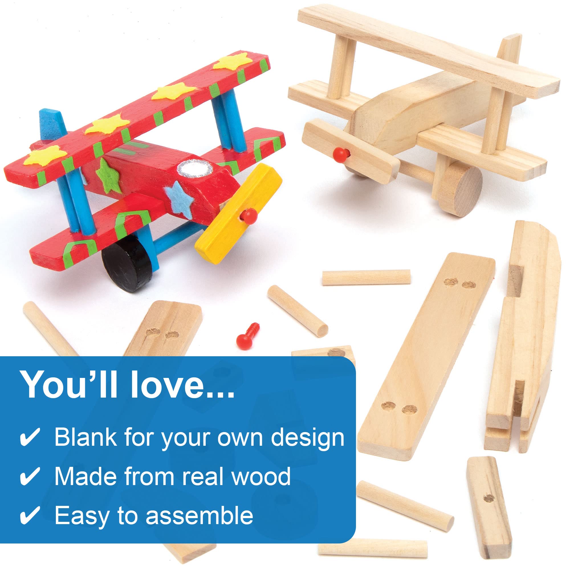 Baker Ross 3D Wooden Aeroplane Kits (Pack of 2) - Pre-cut Wood Craft for Ages 5+ | 12cm Long 3