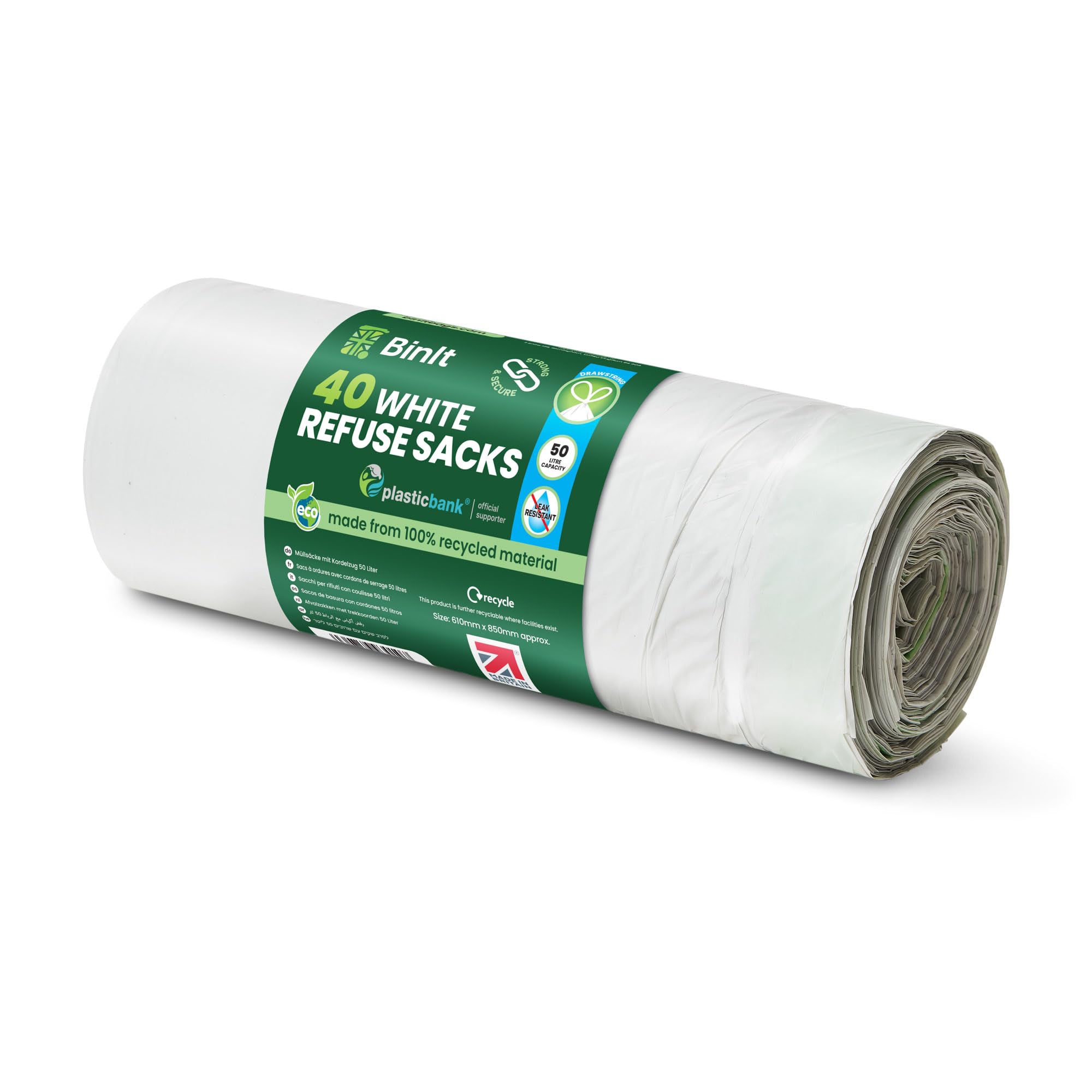 BIN IT Drawstring Bin Liners - 50L Capacity, 40 Count, White, Strong & Secure 2